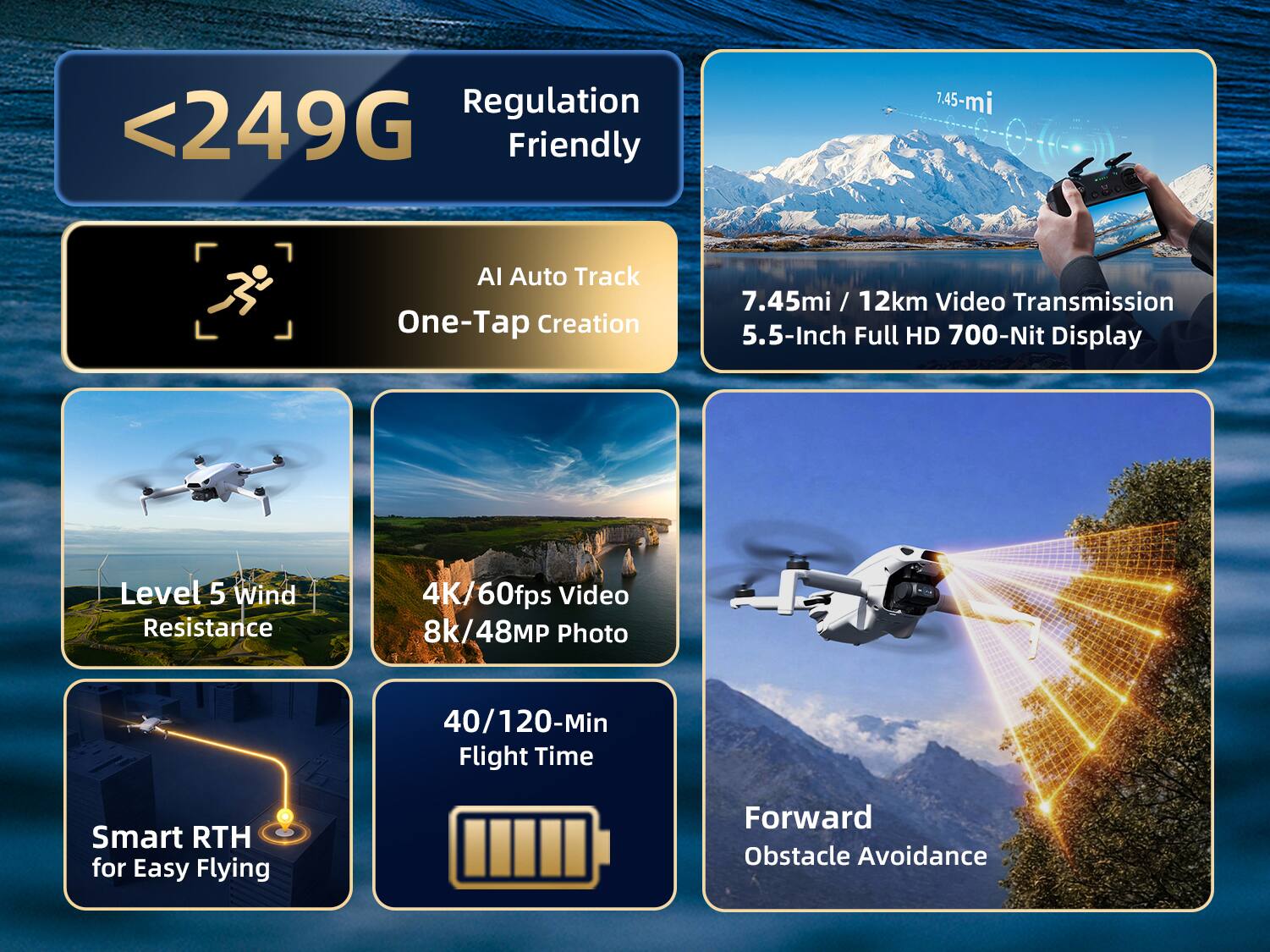 Regulation Friendly  
<249G  
AI Auto Track One-Tap Creation  
7.45mi / 12km Video Transmission  
5.5-Inch Full HD 700-Nit Display  
Level 5 Wind Resistance  
4K/60fps Video  
8k/48MP Photo  
40/120-Min Flight Time  
Smart RTH for Easy Flying  
Forward Obstacle Avoidance