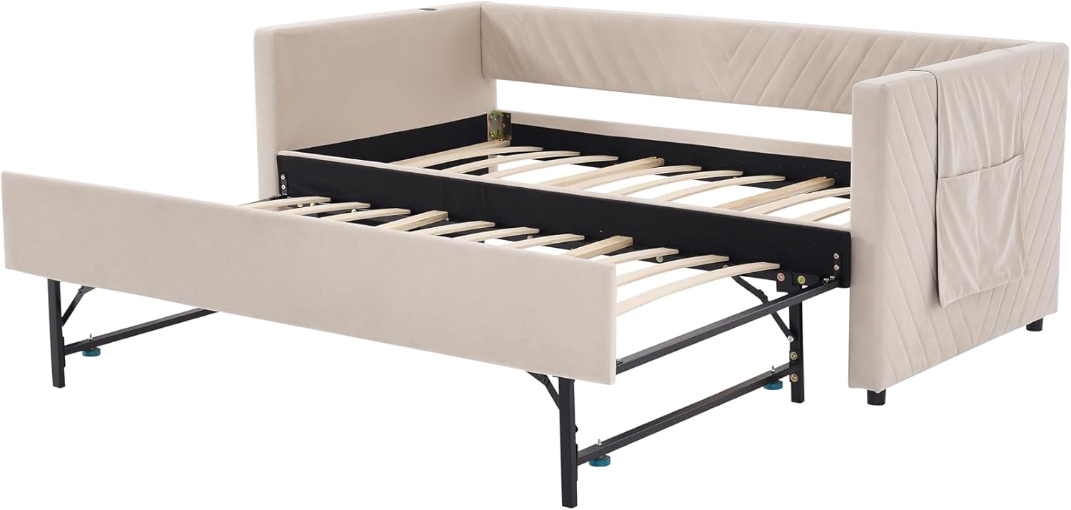 Alt View 3. Trinkets Crazed - Twin Daybed with Pop Up Trundle, Velvet Upholstered Extendable Daybed with USB Ports & Pockets - beige.