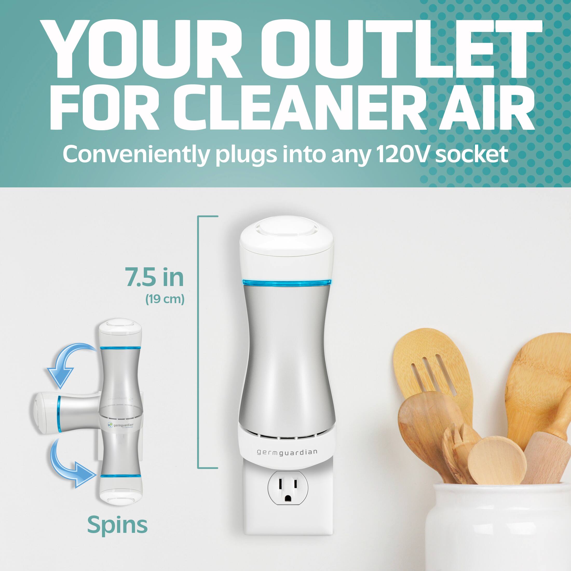 YOUR OUTLET FOR CLEANER AIR Conveniently plugs into any 120V socket 7.5 in (19 cm) n germguardian Spins