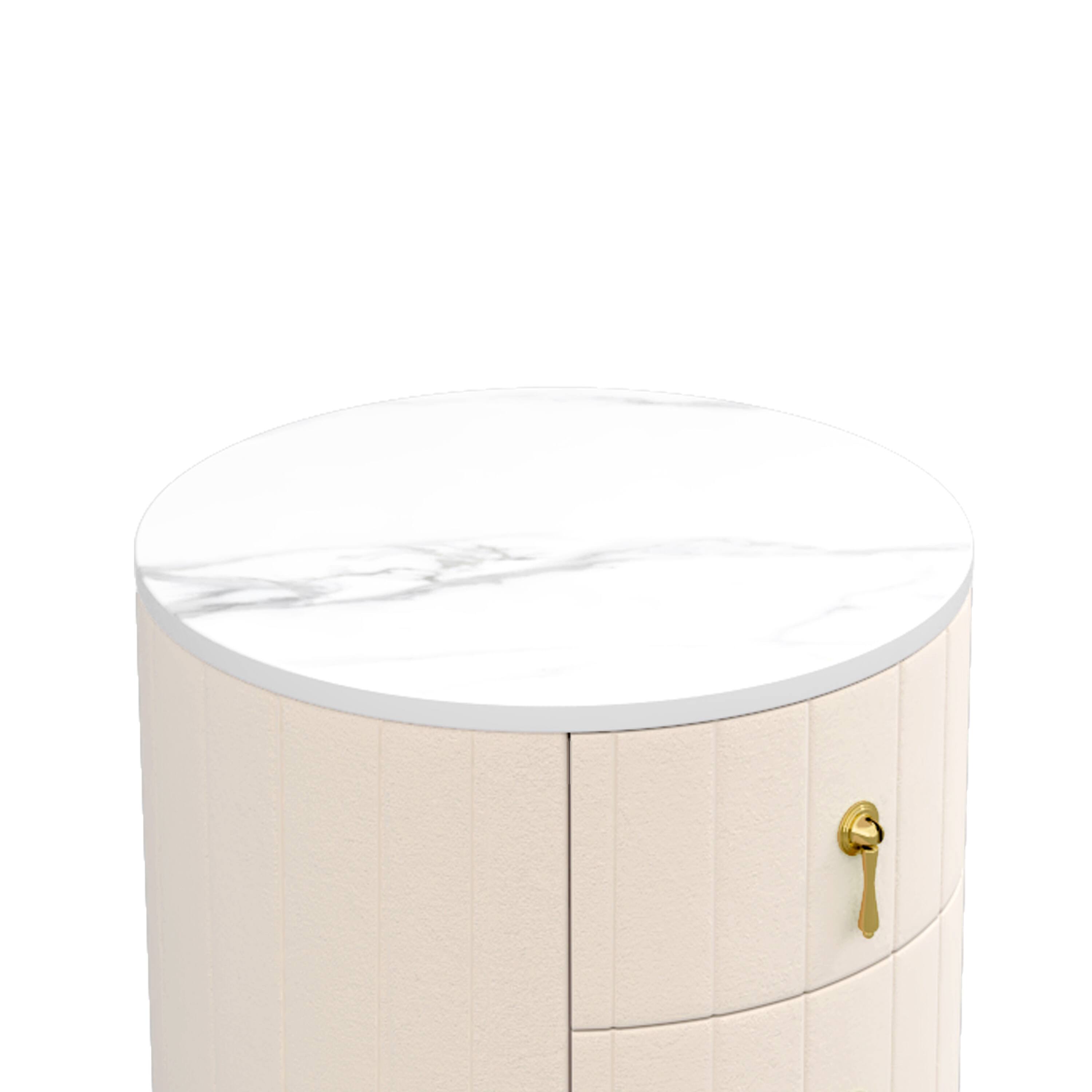 Alt View 7. Spaco - Spaco Upholstered Round Nightstand with 3 Drawers and Metal Handles, Marbling Sticker Top for Bedroom - Beige.