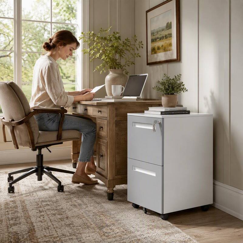 Back. RYHNUYNE - 2-Drawer Mobile File Cabinet Metal Storage Cabinet  with Lock and Wheels for Home Office.