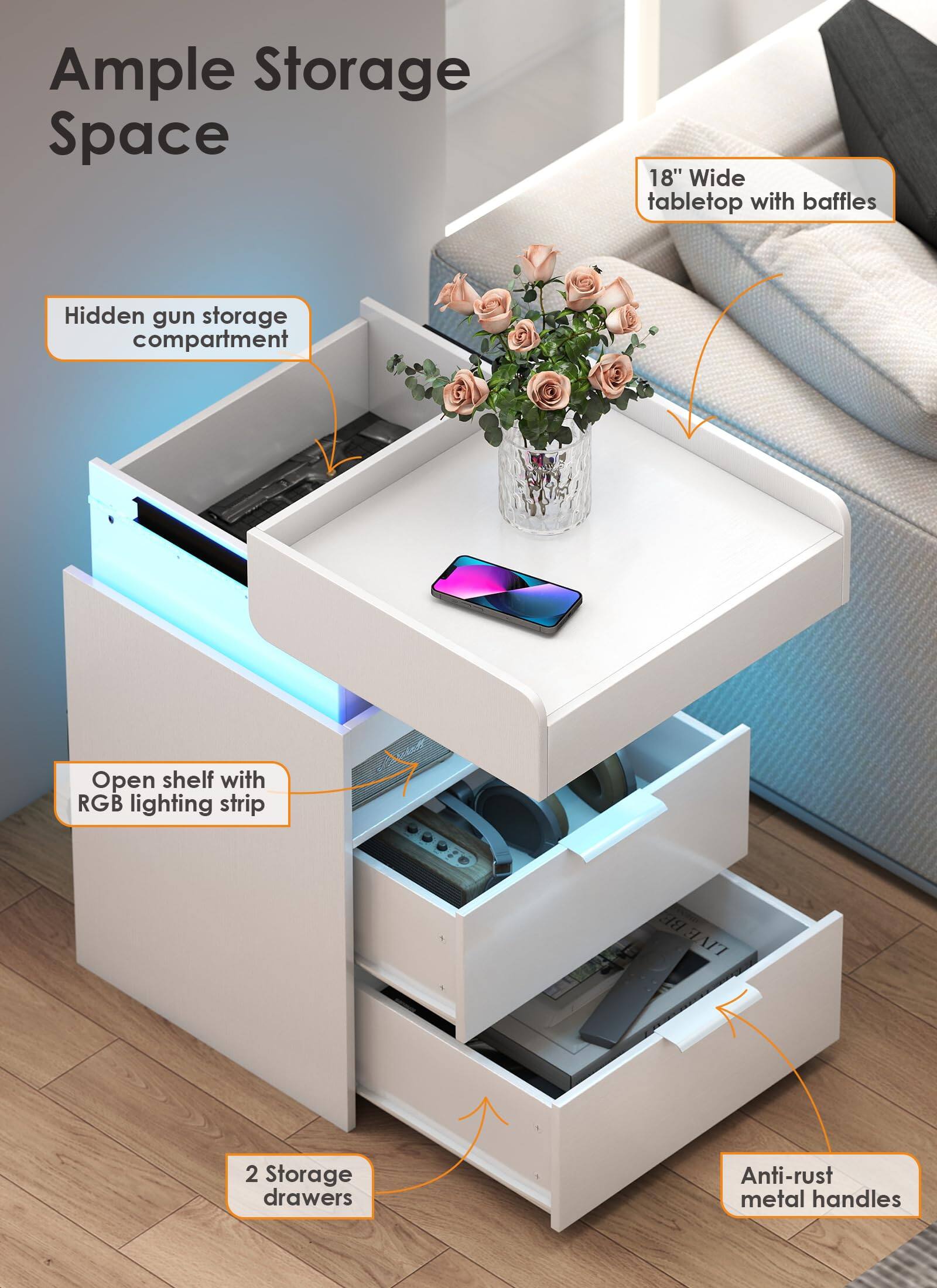 Ample Storage Space

- 18" Wide tabletop with baffles
- Hidden gun storage compartment
- Open shelf with RGB lighting strip
- 2 Storage drawers
- Anti-rust metal handles