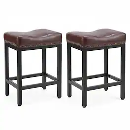 AOITUN - Saddle Bar Stools Set of 2, 24 Inch Upholstered Kitchen Stools, Backless Metal Chairs for Island - Brown