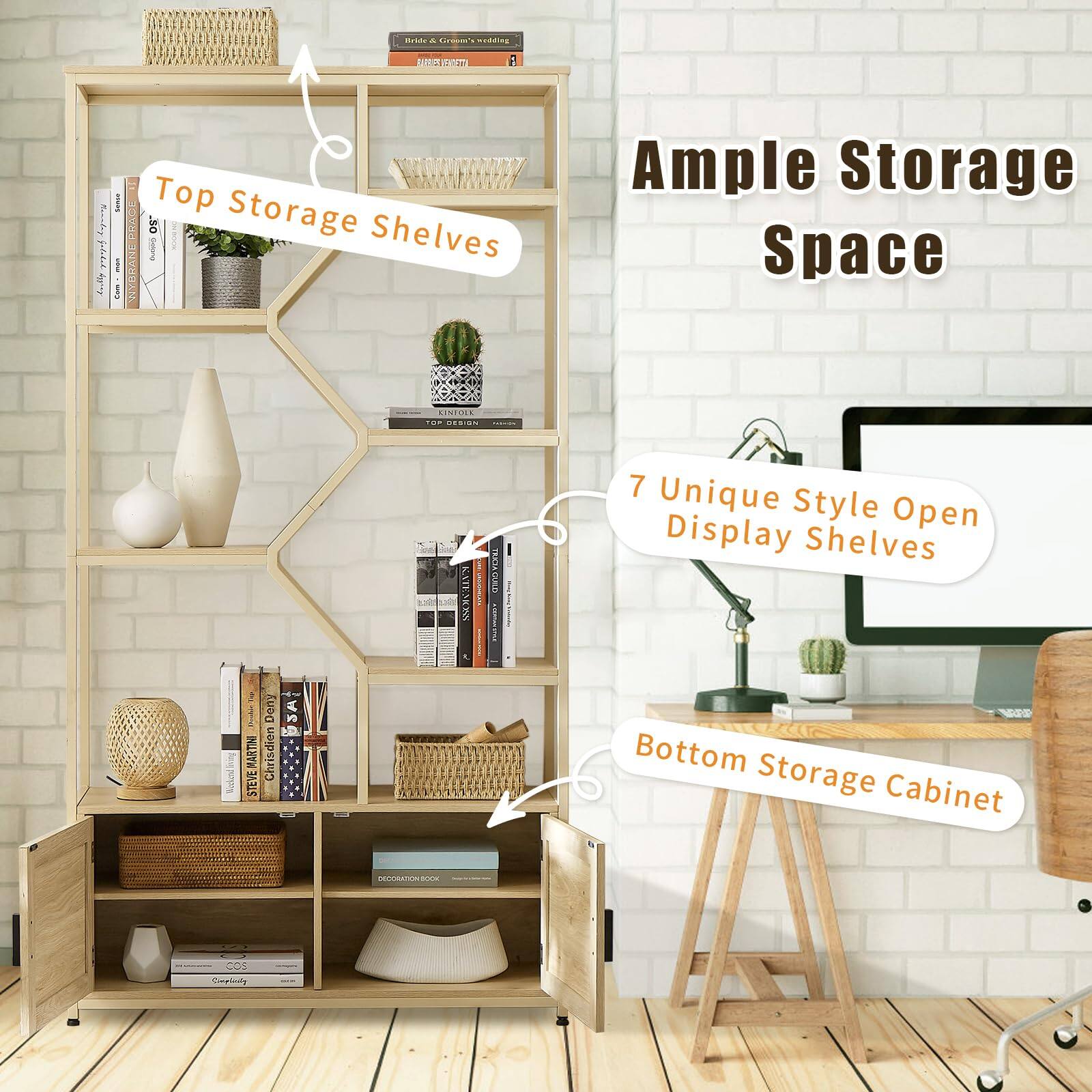 - Top Storage Shelves
- Ample Storage Space
- 7 Unique Style Open Display Shelves
- Bottom Storage Cabinet