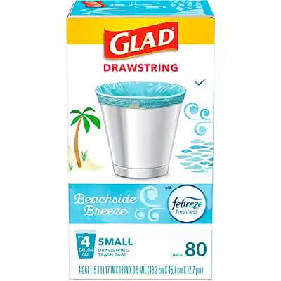 GLAD DRAWSTRING
Beachside Breeze
Febreze Freshness
4 SMALL GALLON CAN DRAWSTRING TRASH BAGS
80 BAGS
4 GAL (151 L) 17 IN X 11 IN X 0.5 MIL (43.2 cm X 45.7 cm X 12.7 cm)