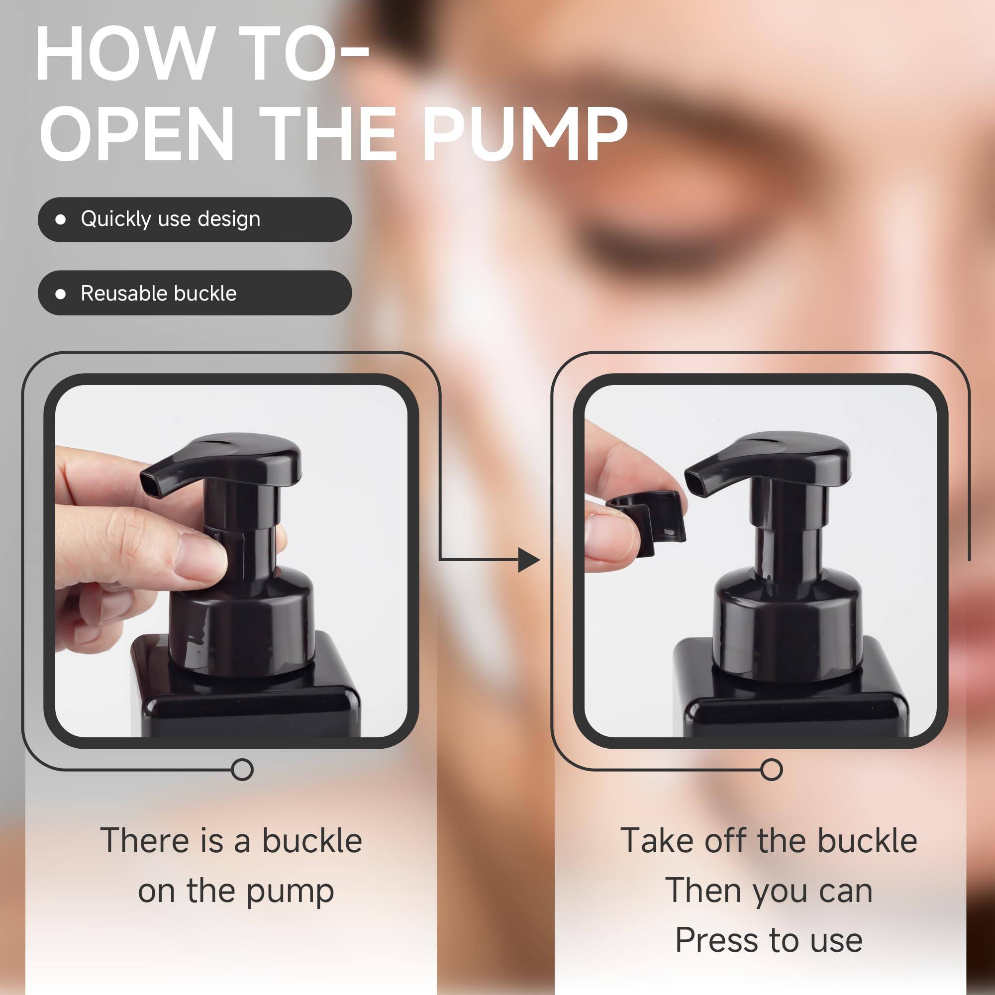 **HOW TO OPEN THE PUMP**

- Quickly use design
- Reusable buckle

**There is a buckle on the pump**

**Take off the buckle. Then you can press to use.**