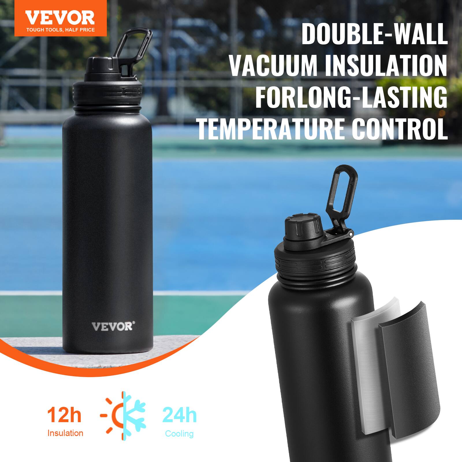 VEVOR  
TOUGH TOOLS, HALF PRICE  

DOUBLE-WALL VACUUM INSULATION FOR LONG-LASTING TEMPERATURE CONTROL  

12h Insulation  
24h Cooling