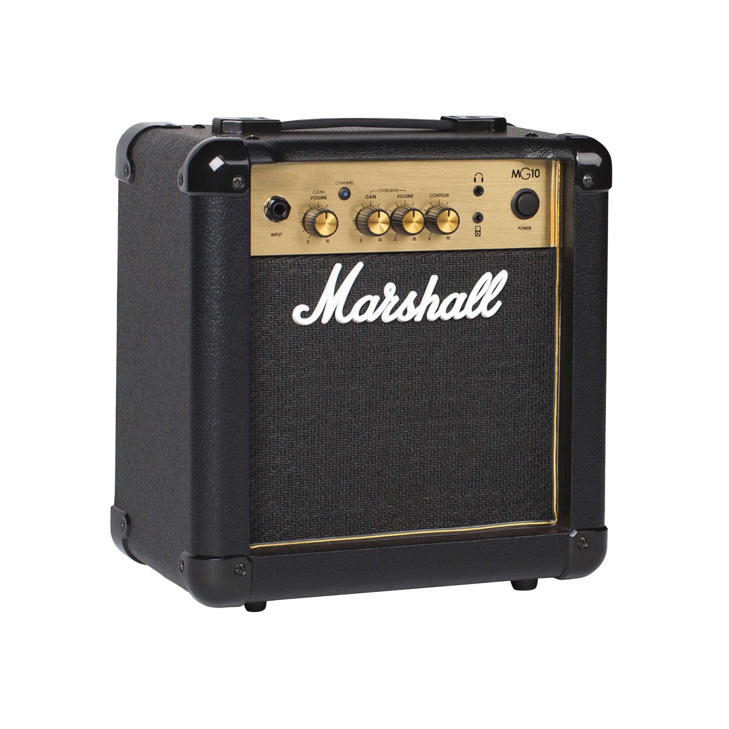 Sure, here is the corrected and grouped text from the image:

- Marshall
- MG10
- CLEAN CHANNEL
- VOLUME
- GAIN
- OVERDRIVE
- VOLUME
- CONTOUR
- CHANNEL
- INPUT
- POWER