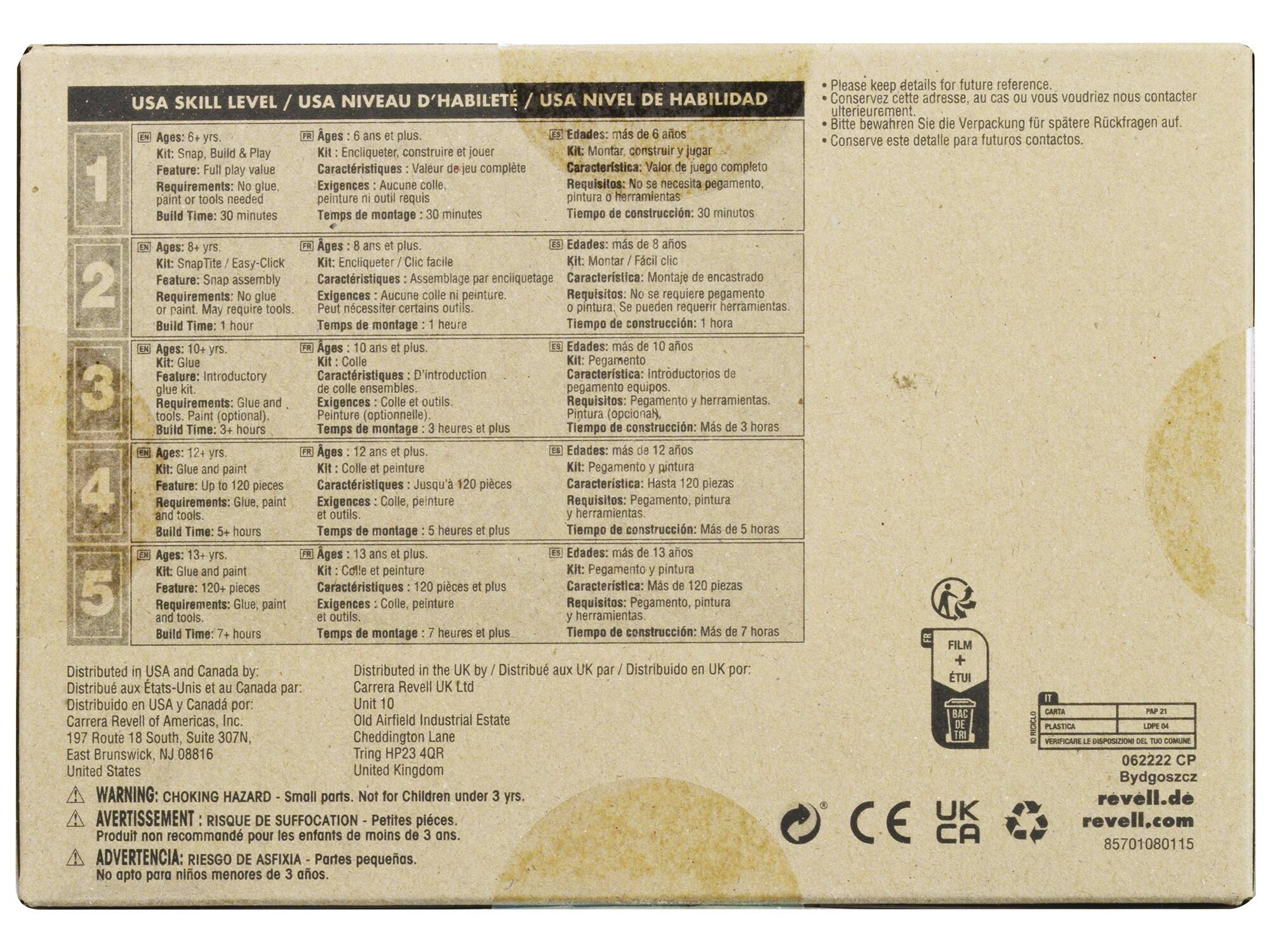 **USA SKILL LEVEL / USA NIVEAU D'HABILITÉ / USA NIVEL DE HABILIDAD**

1. **Ages: 6+ yrs.**  
   Kit: Snap, Build & Play  
   Feature: Full play value  
   Requirements: No glue, paint or tools needed.  
   Build Time: 30 minutes  

2. **Ages: 8+ yrs.**  
   Kit: Snap/Tite, Click  
   Feature: Snap assembly  
   Requirements: No glue or paint. May require tools.  
   Build Time: 1 hour  

3. **Ages: 10+ yrs.**  
   Kit: Glue, Introductory  
   Feature: Introductory glue kit.  
   Requirements: Glue and tools. Paint (optional).  
   Build Time: 3+ hours  

4. **Ages: 12+ yrs.**  
   Kit: Glue and paint  
   Feature: Up to 120 pieces  
   Requirements: Glue, paint and tools.  
   Build Time: 5+ hours  

5. **Ages: 13+ yrs.**  
   Kit: Glue and paint  
  