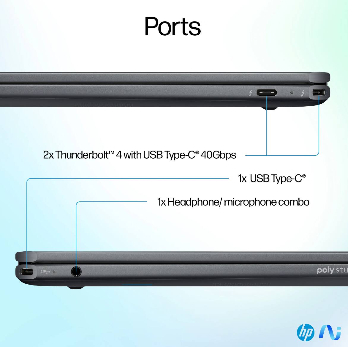 Ports

- 2x Thunderbolt™ 4 with USB Type-C® 40Gbps
- 1x USB Type-C®
- 1x Headphone/microphone combo