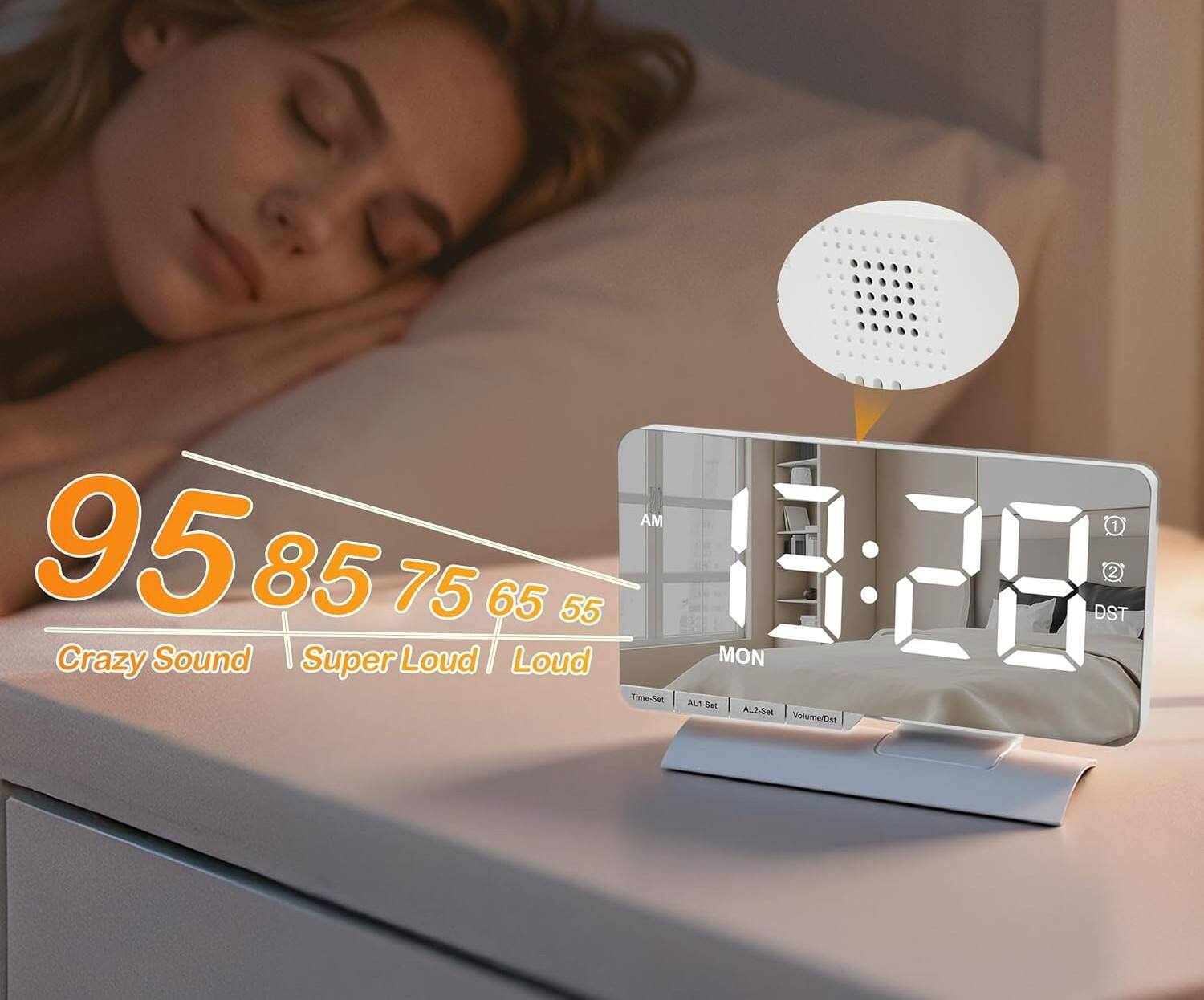 AM 1 95 85 75 65 55 13:28 DST 2 Crazy Sound Super Loud Loud MON Time-Set AL ALT-Se ALZ-Set VolumeBar