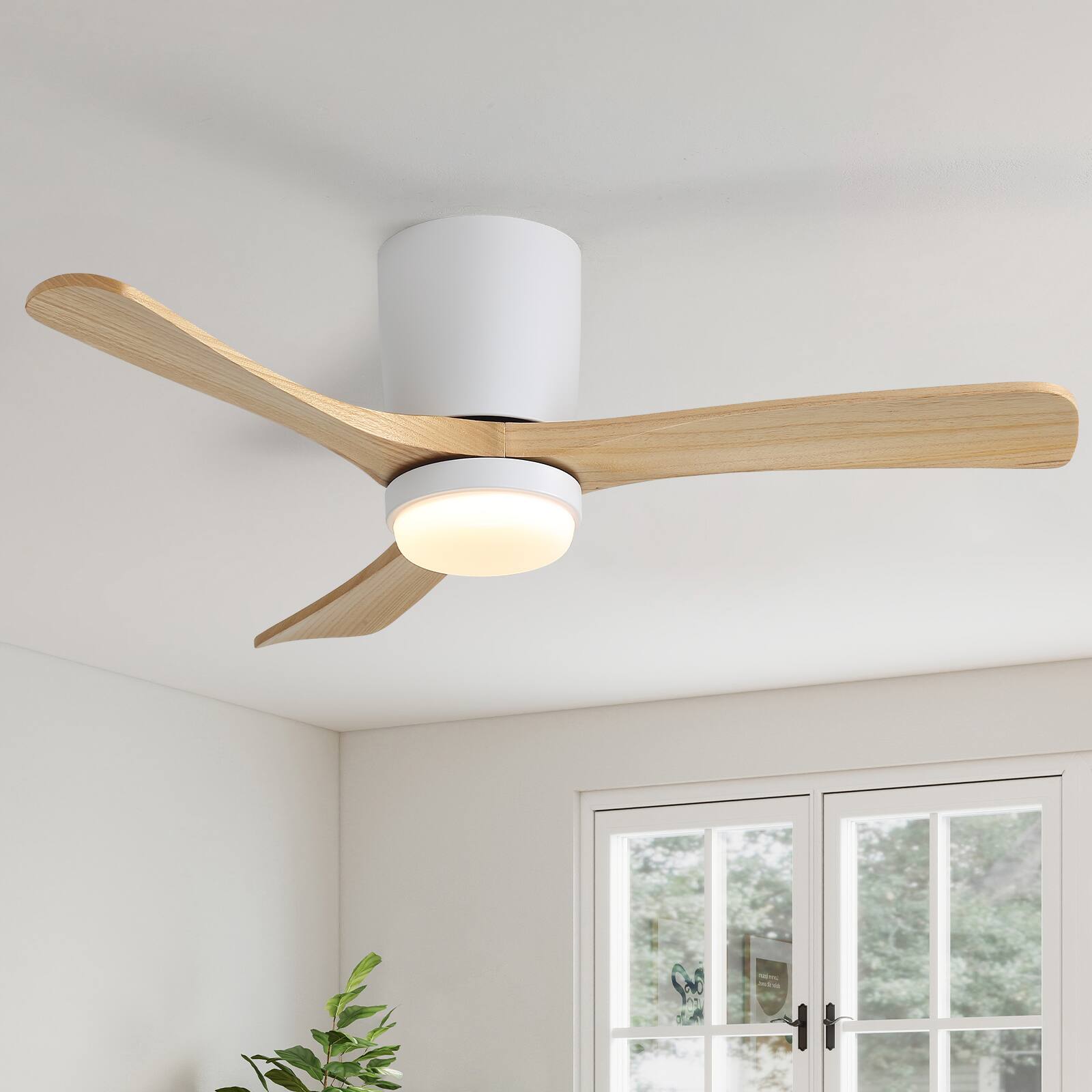 Alt View 6. Sofucor - 42'' Wood Low Profile Flush Mount Ceiling Fans w/ Dimmable LED Light and Remote Quiet Reversible for Bedroom Living Room - White.
