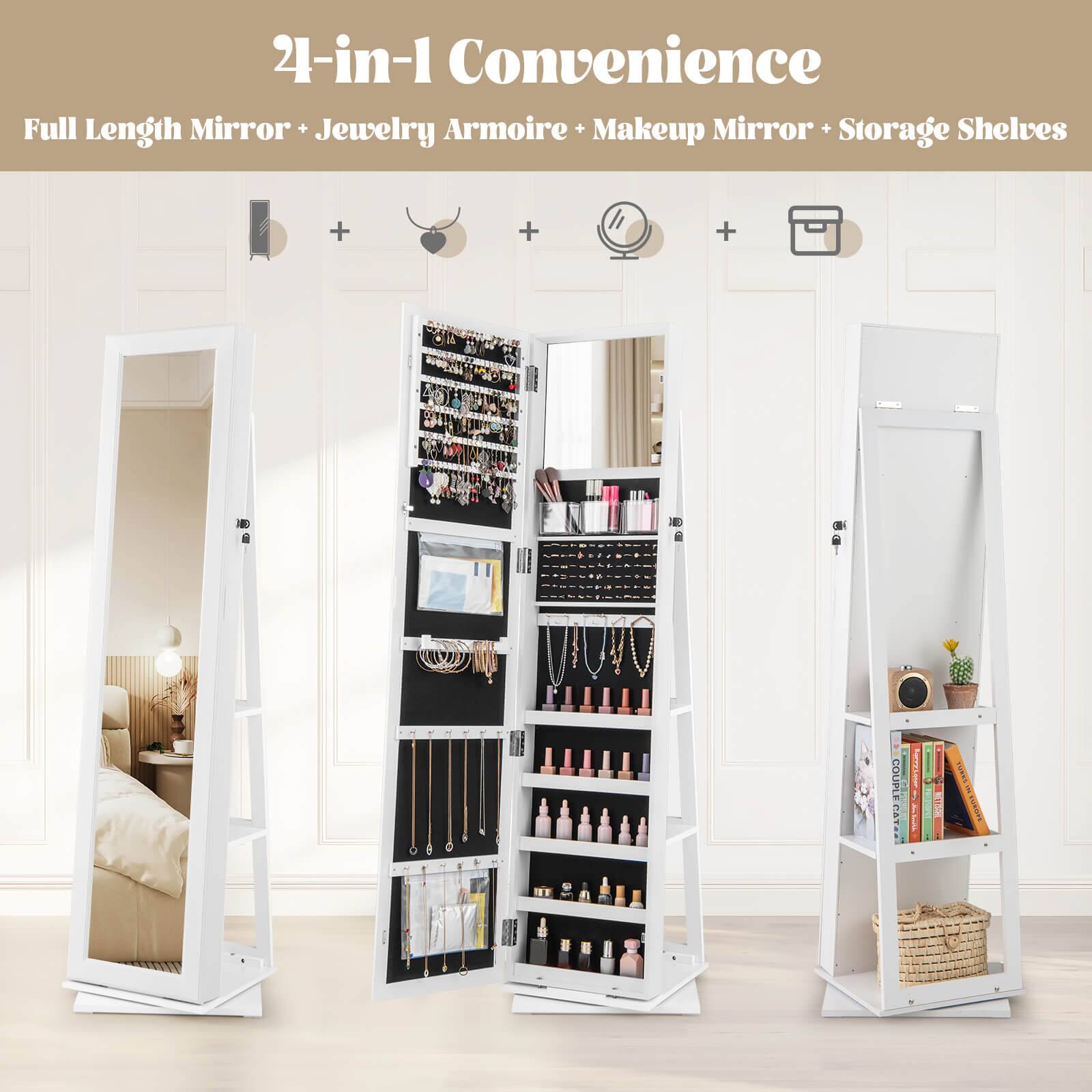 2-in-1 Convenience  
Full Length Mirror + Jewelry Armoire + Makeup Mirror + Storage Shelves