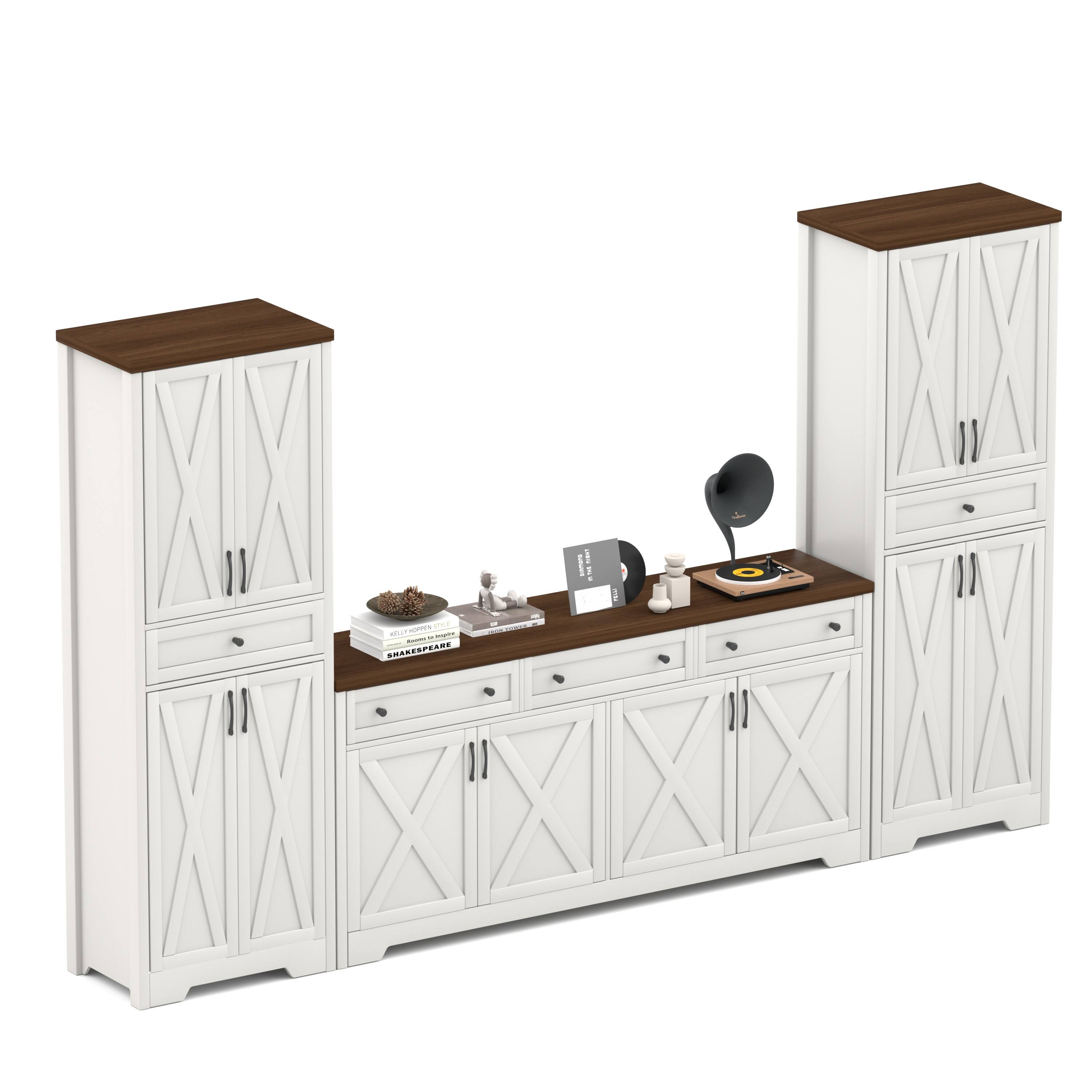 TinyHomie - TV Cabinet Set Multifunctional TV Wall One TV Cabinet and Two Sideboards for Living Room 113.5in L x 15in W x 68in H - White and Walnut