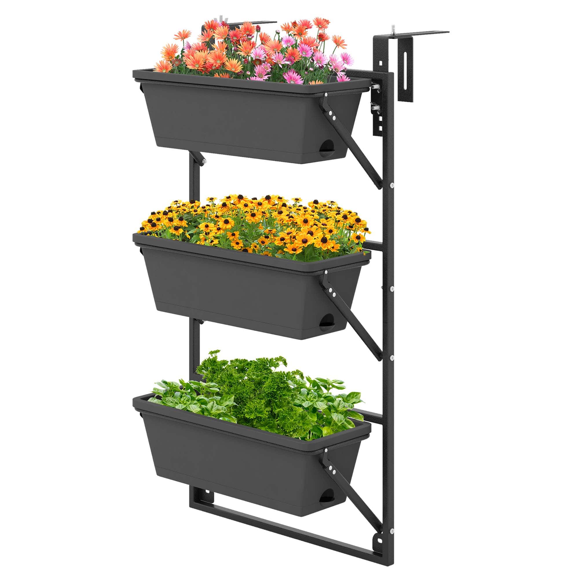Front. Costway - Hanging Vertical Planter with 3 Planter Boxes & Detachable Hooks for Flowers - Black.