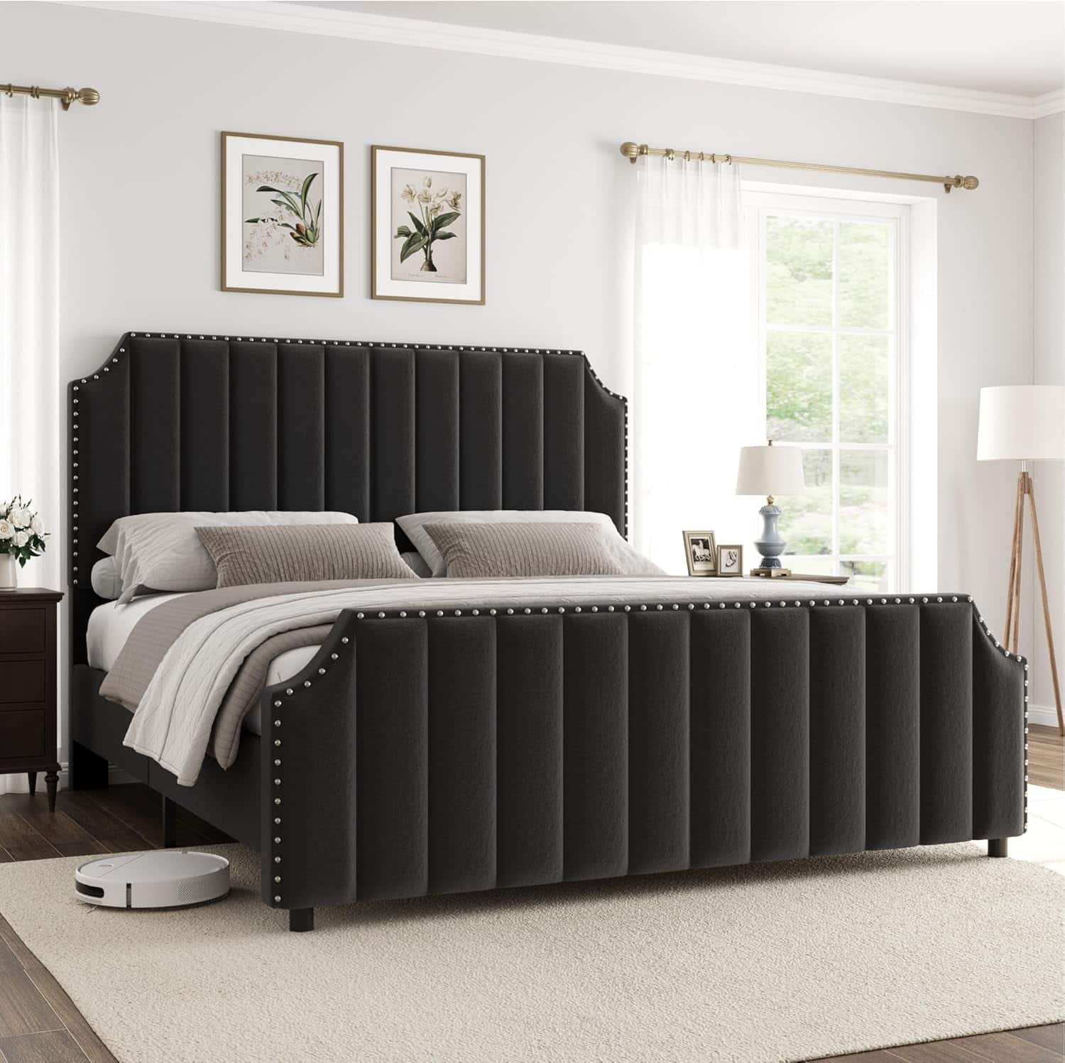 Qeetex - Queen Size Platform Bed Frame, Upholstered Headboard & Footboard, Wooden Slats, No Box Spring, Black - Black Queen