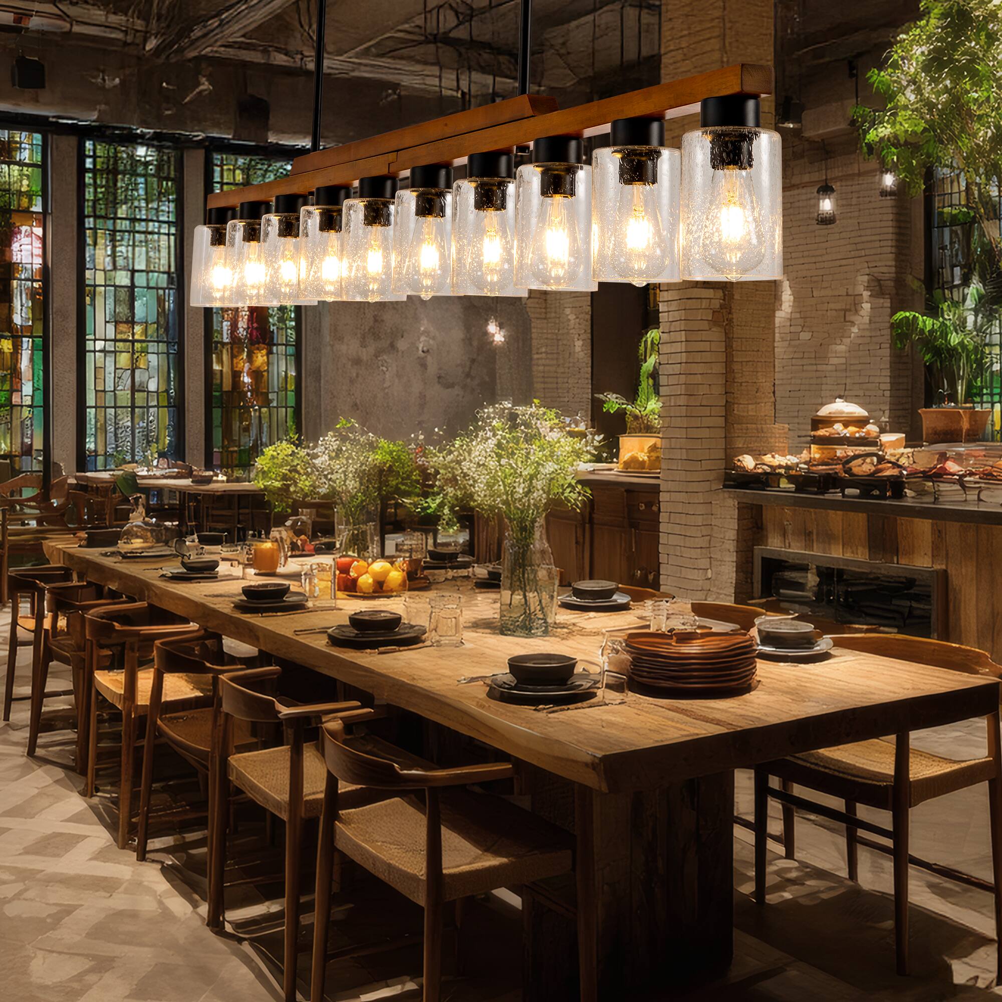 Back. RYHNUYNE - 10-Light Rustic Chandelier 79 Inch Wood Linear Pendant Light with Seed Glass Shades Adjustable Farmhouse Island Lighting.