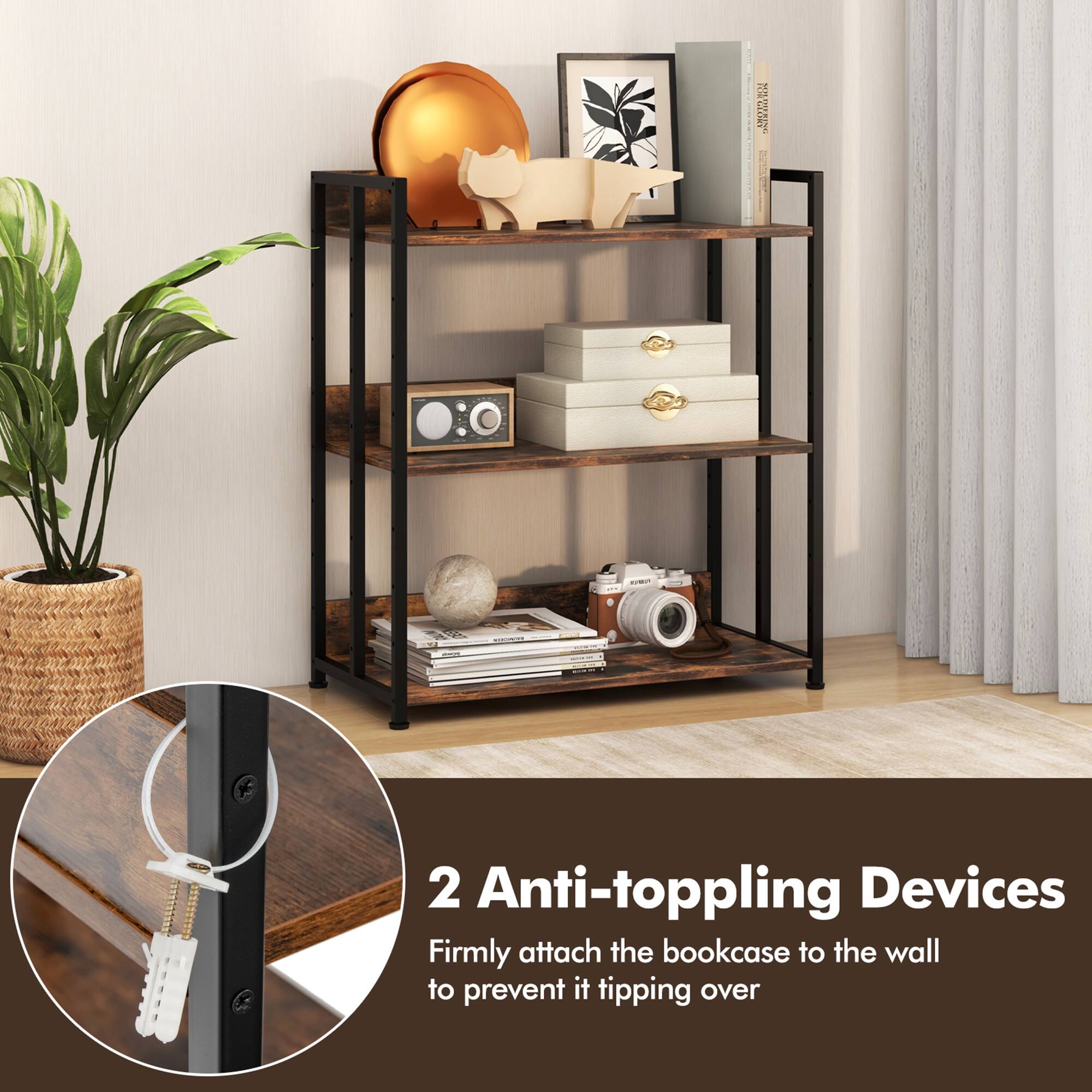 2 Anti-toppling Devices  
Firmly attach the bookcase to the wall to prevent it tipping over