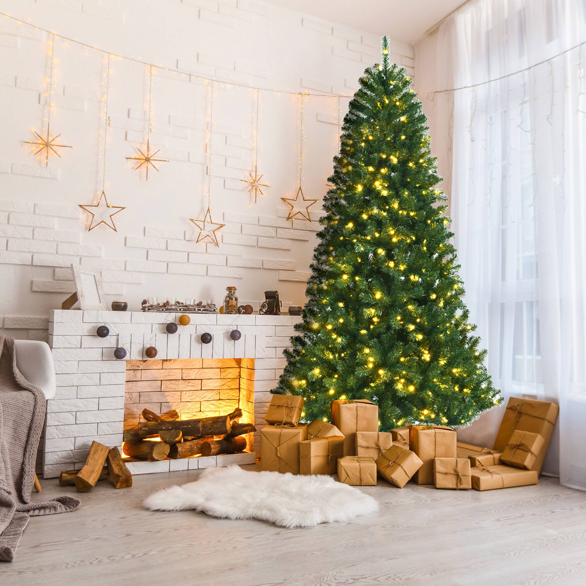 Alt View 2. Gymax - Gymax 8 FT Pre-lit Artificial Christmas Tree Hinged Xmas Tree w/ 9 Lighting Modes - Green.