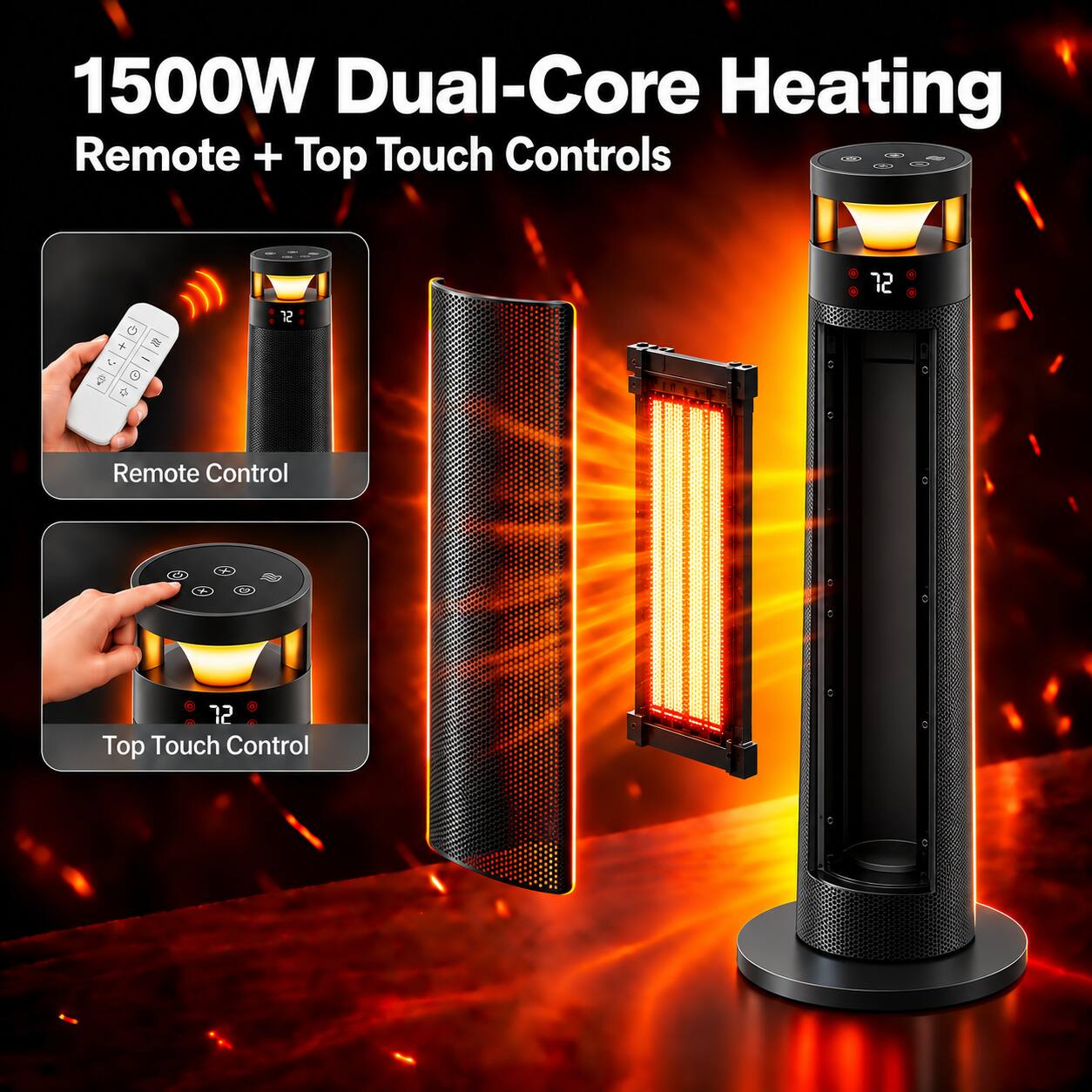 1500W Dual-Core Heating  
Remote + Top Touch Controls

Remote Control

Top Touch Control
