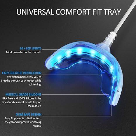 UNIVERSAL COMFORT FIT TRAY

16 X LED LIGHTS
Most powerful on the market!

EASY BREATHE VENTILATION
Ventilation holes allow you to breathe through your mouth while whitening.

MEDICAL GRADE SILICONE
BPA Free and 100% Silicone is the safest and cleanest mouth tray on the market.

GUM SAFE DESIGN
Snug fit prevents irritation from the gel and improves whitening results.