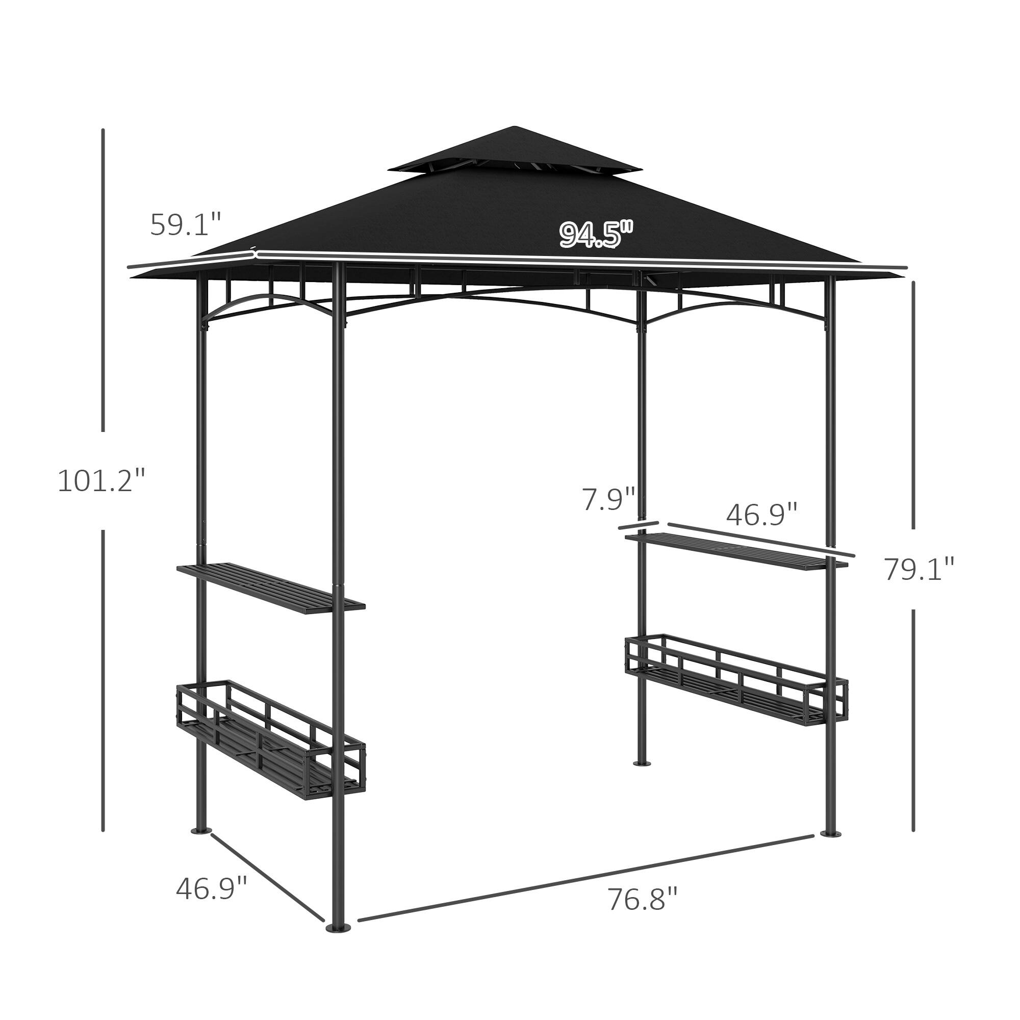 The text on the image is grouped as follows:

- Length: 101.2"
- Width: 76.8"
- Height: 79.1"
- Roof height: 59.1"
- Side shelf height: 46.9"
- Side shelf width: 7.9"
- Top shelf height: 46.9"
- Top shelf width: 94.5"