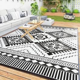 Outsunny - Outdoor Rug for Patio, 9' x 18' Waterproof Large Mat, Reversible Plastic Straw Rug for Décor - White and Black Toothed Rhombus