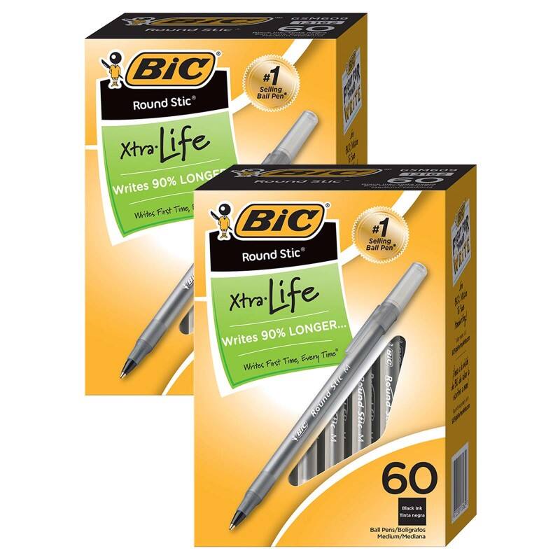 BIC Round Stic Ball Pen - Extra Life  
Writes 90% Longer  
Writes First Time, Every Time  
#1 Selling Ball Pen  
60 Black Ink Medium/Mediana  
Tinta negra