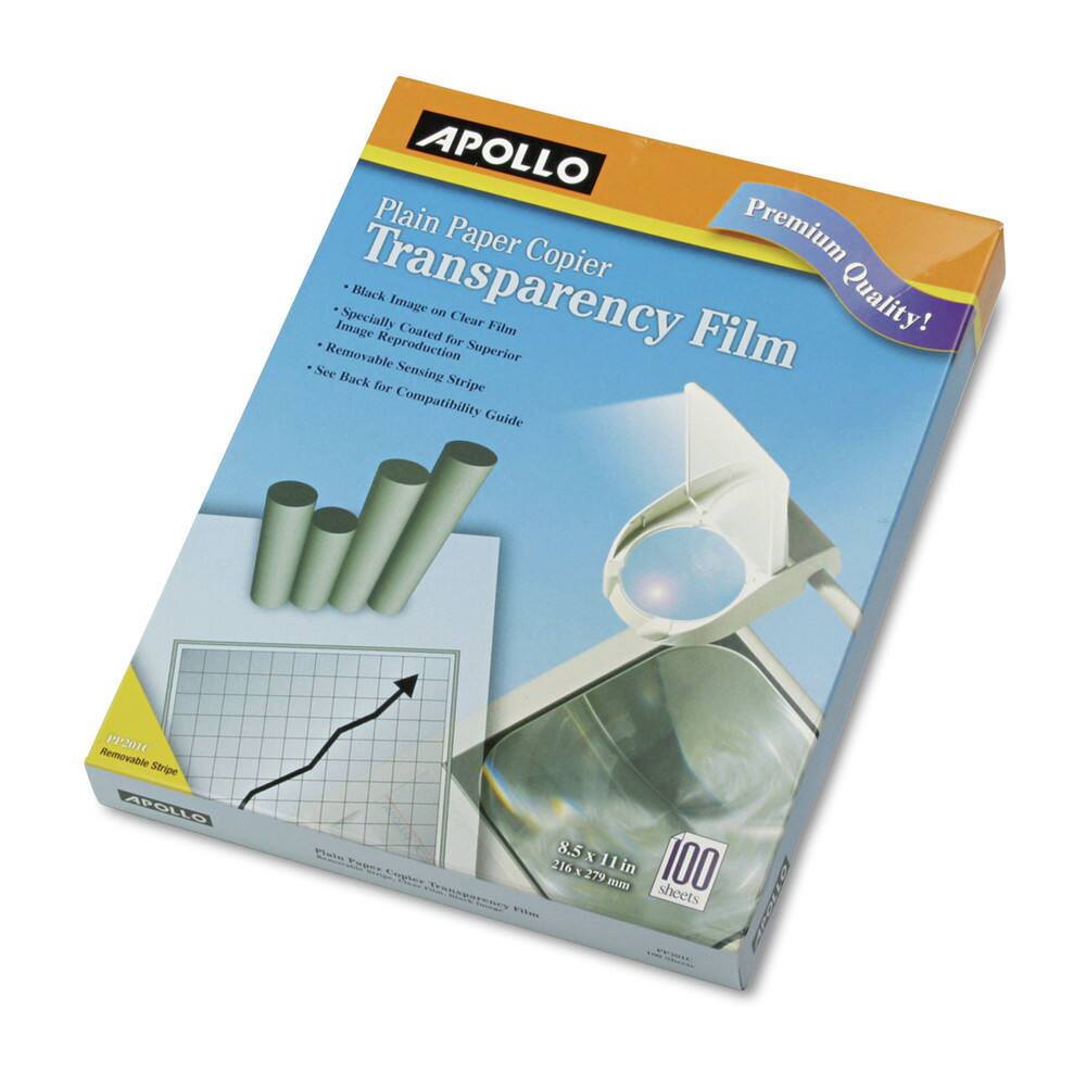APOLLO Plain Paper Copier Transparency Film  
Premium Quality!  
- Black Image on Clear Film  
- Specially Coated for Superior Image Reproduction  
- Removable Sensing Stripe  
- See Back for Compatibility Guide  

8.5 x 11 in  
216 x 279 mm  
100 sheets  

PPZDIC  
Removable Stripe  

APOLLO