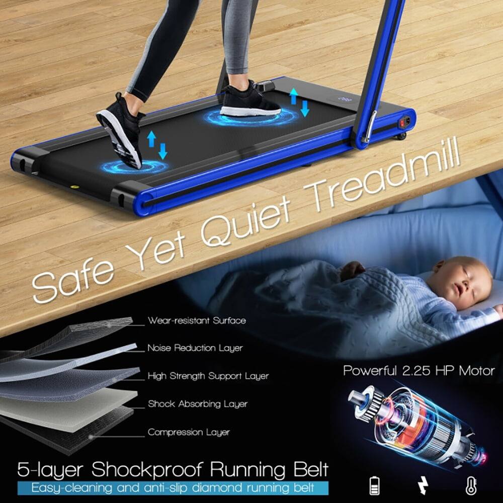 Safe Yet Quiet Treadmill

- Wear-resistant Surface
- Noise Reduction Layer
- High Strength Support Layer
- Shock Absorbing Layer
- Compression Layer

Powerful 2.25 HP Motor

5-layer Shockproof Running Belt

Easy cleaning and anti-slip diamond running belt