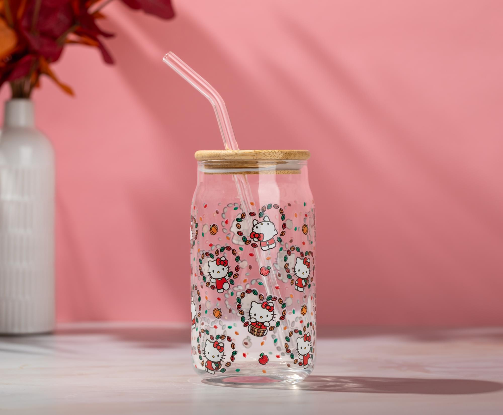 Alt View 2. Silver Buffalo - Sanrio Hello Kitty Fall Leaves 16-Ounce Glass Tumbler With Bamboo Lid and Straw - White.