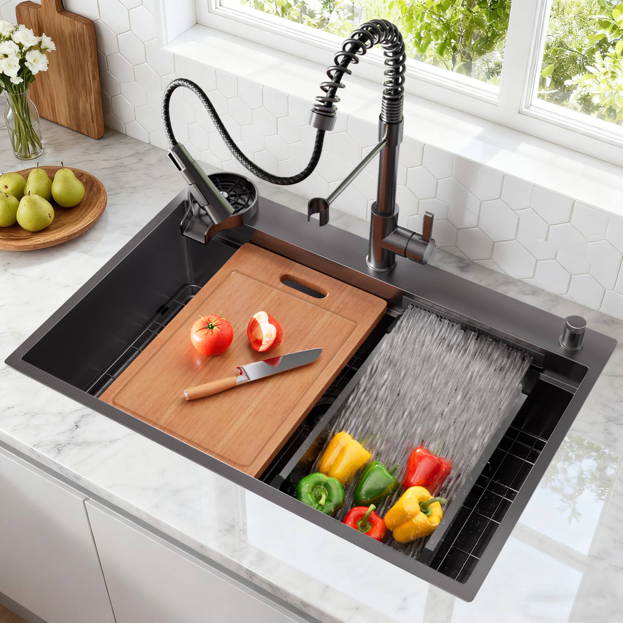 Angle. APRILSOUL - 33 In Waterfall Kitchen Sink with Pull Out Faucet Single Bowl Waterfall Stainless Steel with Various Accessories - Gunmetal Black.