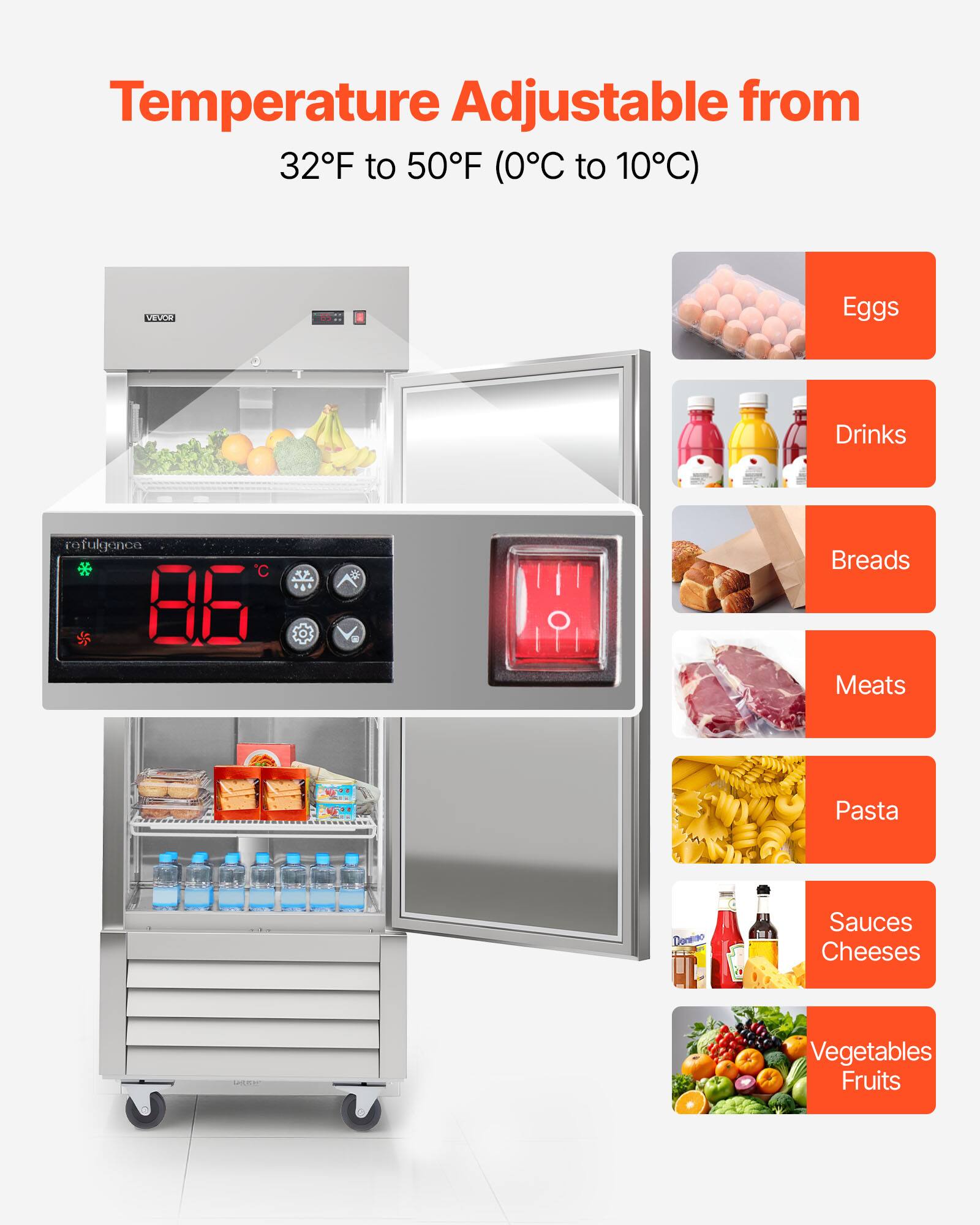 Temperature Adjustable from 32F to 50F (0C to 10C)

- Eggs
- Drinks
- Breads
- Meats
- Pasta
- Sauces
- Cheeses
- Vegetables
- Fruits