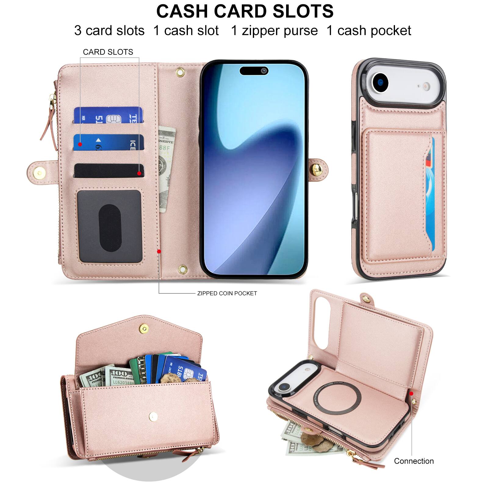 CASH CARD SLOTS  
3 card slots  
1 cash slot  
1 zipper purse  
1 cash pocket  

CARD SLOTS  

ZIPPED COIN POCKET  

Connection