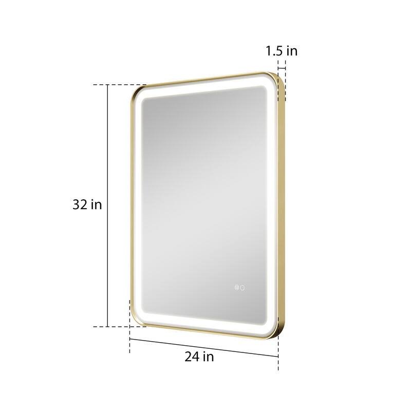 Alt View 6. WELLFOR - 24 in. W x 32 in. H Anti-Fog LED Bathroom Mirror, Wall Bathroom Vanity Mirror with Framed Round Corner - Brushed Gold.