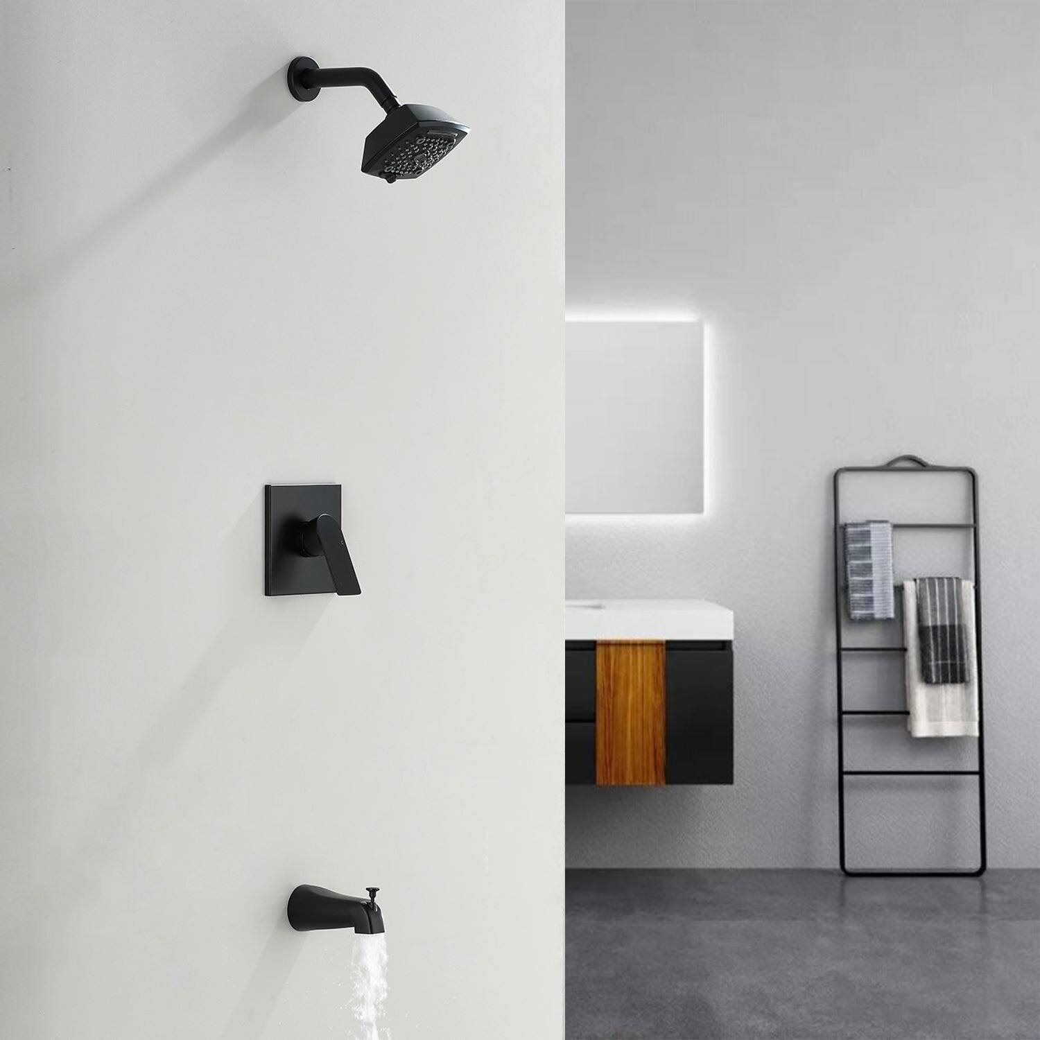 Alt View 2. Boyel Living - Black Brass Shower Faucet Set Pressure Balance Valve 5-Function ABS Top Spray Lift-Up Spout 1/2NPT Thread - Matte Black.