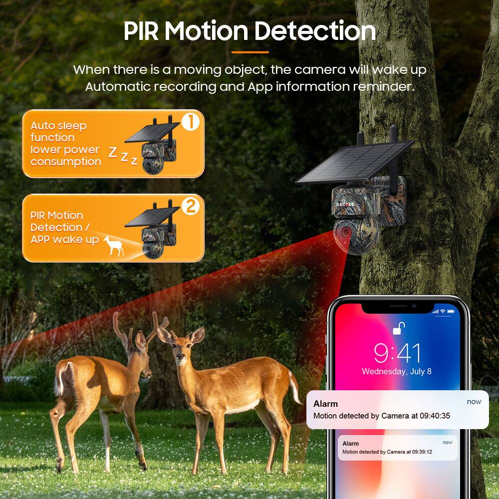 PIR Motion Detection

When there is a moving object, the camera will wake up. Automatic recording and App information reminder.

1. Auto sleep function lower power consumption
2. PIR Motion Detection / APP wake up

Alarm
Motion detected by Camera at 09:40:35 now
Alarm
Motion detected by Camera at 09:30:12 now

9:41 Wednesday, July 8