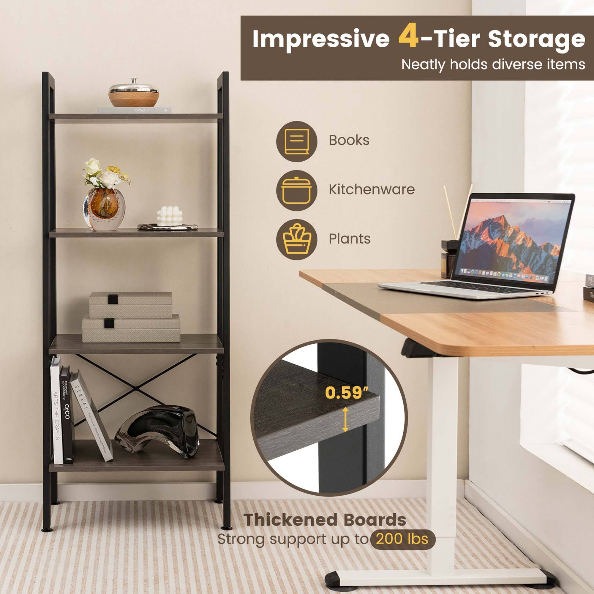 The image features a four-tier storage unit that holds various items, including books, kitchenware, plants, and other diverse objects. The storage unit is designed to provide strong support up to 200 lbs, and it is made of thickened boards that offer additional stability. The storage unit is placed on a table, and it is accompanied by a laptop and a vase. The overall scene suggests a well-organized and functional living space.