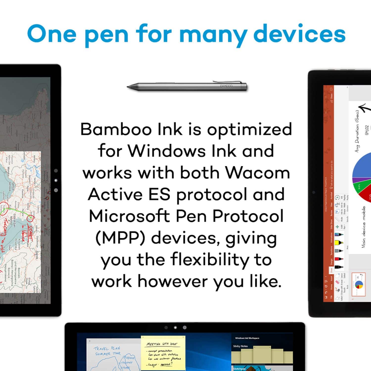 One Pen for Many Devices: Bamboo Ink is optimized for Windows Ink and works with both Wacom Active ES protocol and Microsoft Pen Protocol (MPP) devices, giving you the flexibility to work however you like.