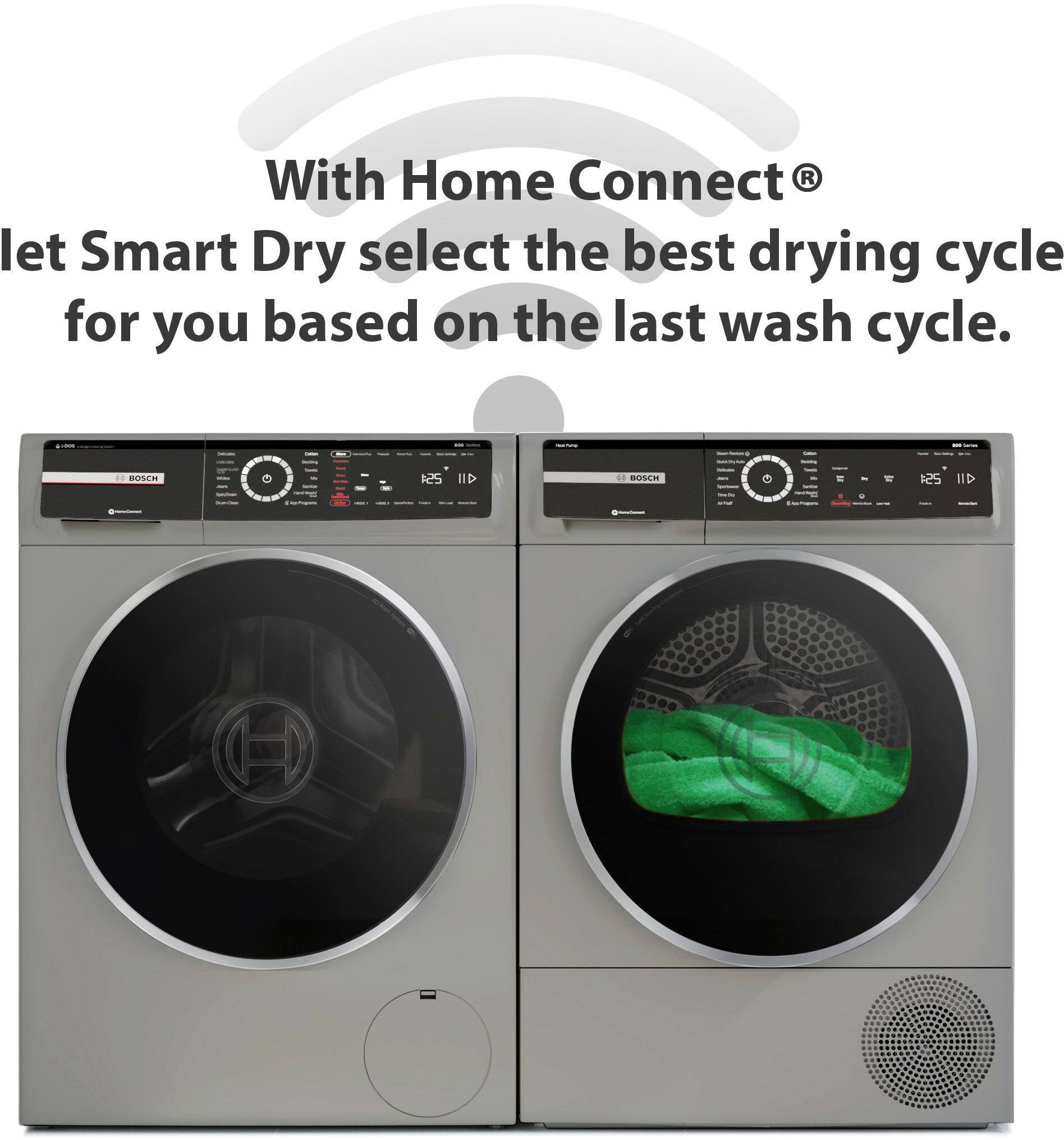 With Home Connect, let Smart Dry select the best drying cycle for you based on the last wash cycle.