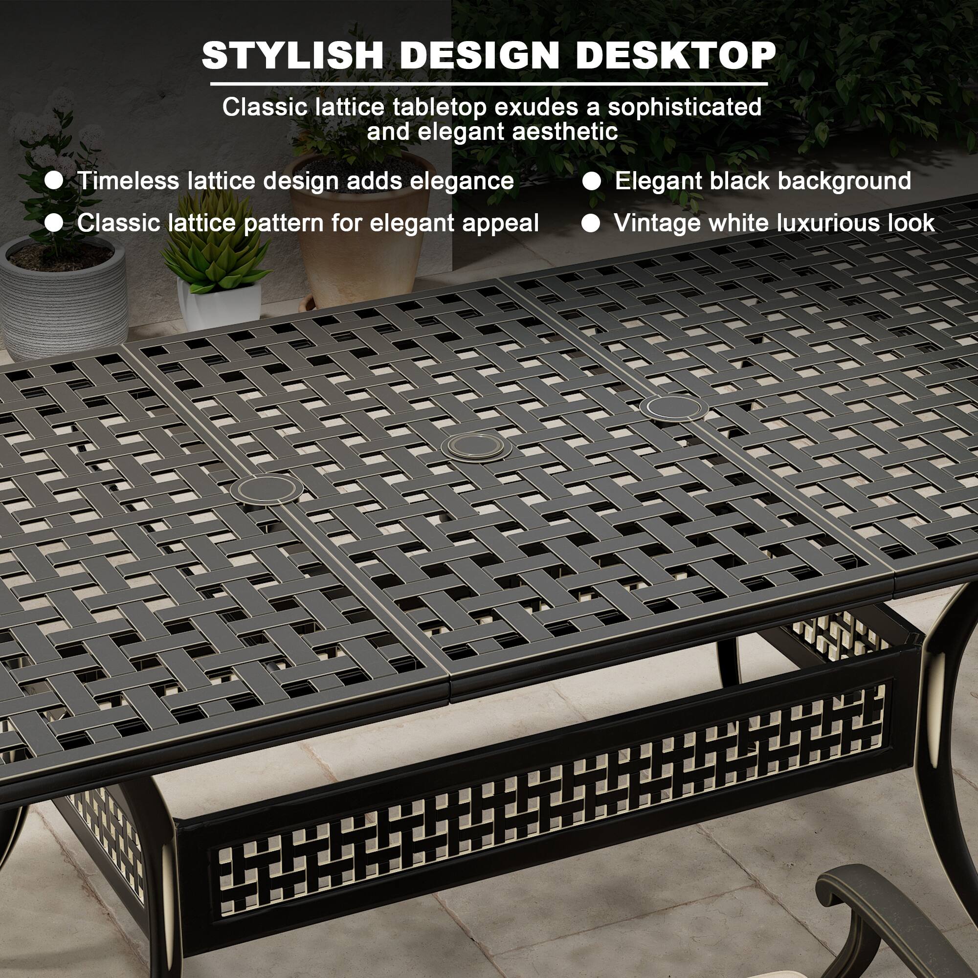 STYLISH DESIGN DESKTOP

Classic lattice tabletop exudes a sophisticated and elegant aesthetic

- Timeless lattice design adds elegance
- Classic lattice pattern for elegant appeal
- Elegant black background
- Vintage white luxurious look