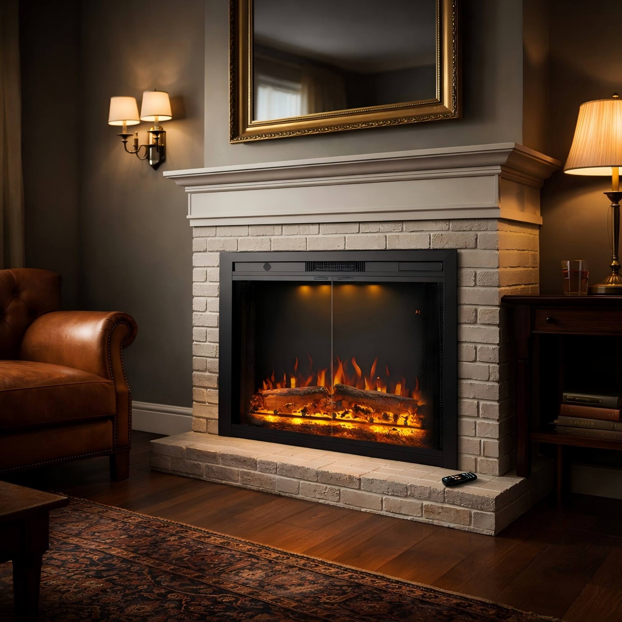 Back. Mondawe - 33" Recessed-in Realistic Flame Electric Fireplace with Adjustable Heat, Timer - Black.