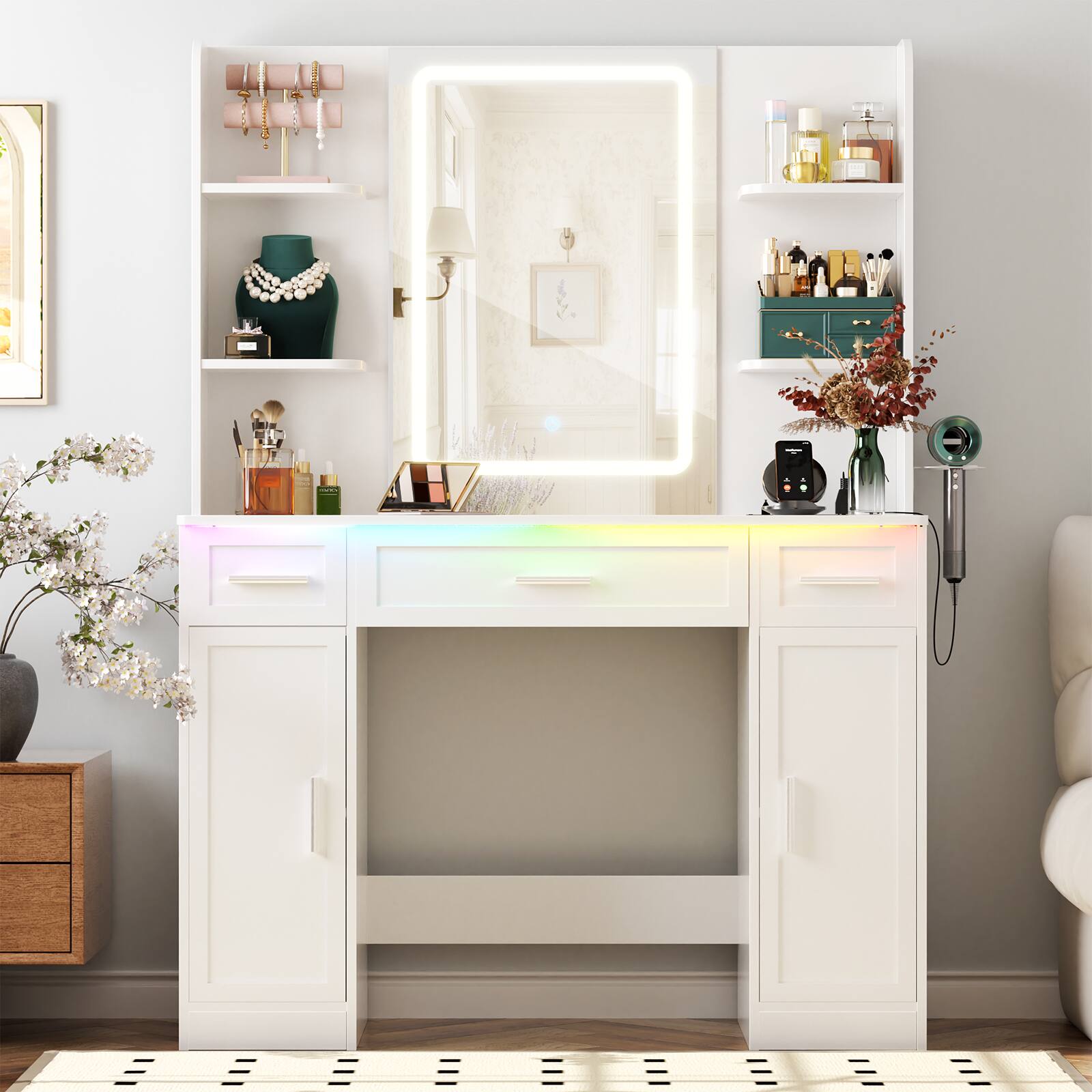 Alt View 4. Aheaplus - Large Wooden Makeup Vanity Desk with Mirror and Lights, Dressing Table with Drawers and Cabinets - White.
