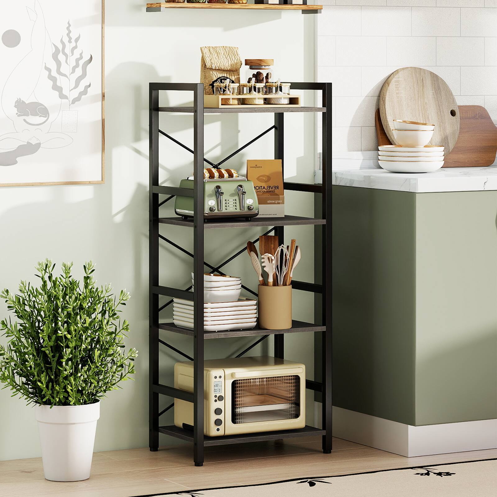 Alt View 3. Costway - Costway 4-Tier Bookshelf with Metal Frame & Wooden Storage Racks for Living Room, Study - Grey Oak + Black.