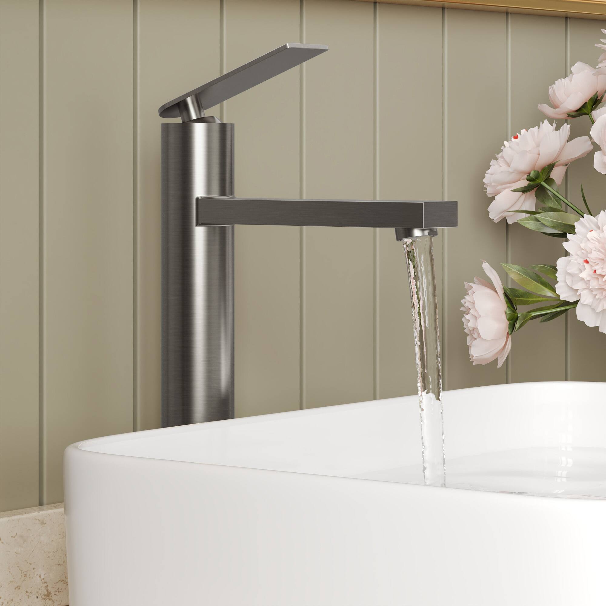 Left. GRANDJOY - Single Handle Vessel Bathroom Faucet with Pop-Up Drain, 12 in High-Arc Square Spout for Above Counter Sinks - Brushed Nickel.