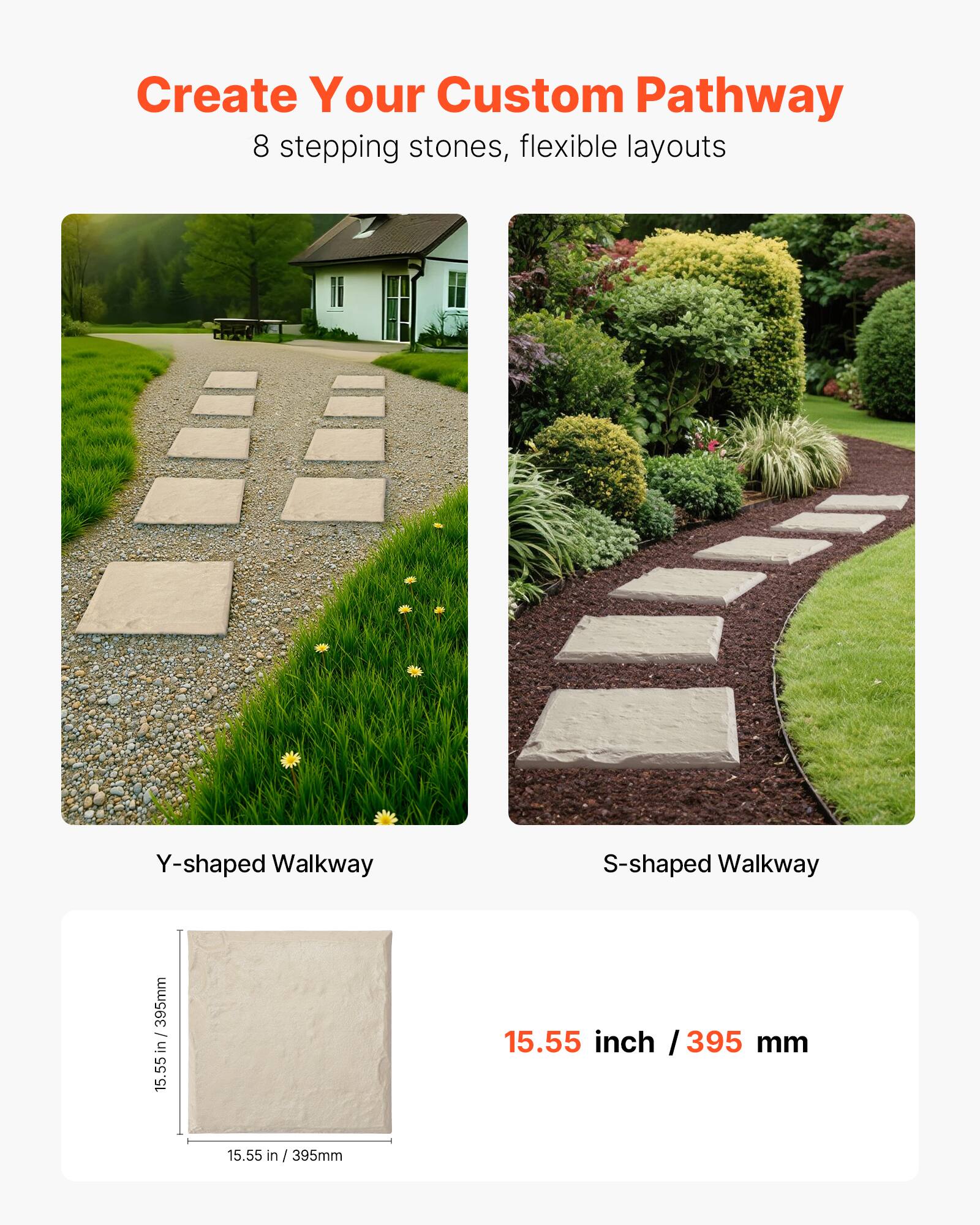 Create Your Custom Pathway, 8 stepping stones, flexible layouts, Y-shaped Walkway, S-shaped Walkway, 15.55 inch / 395 mm, 15.55 inch / 395 mm