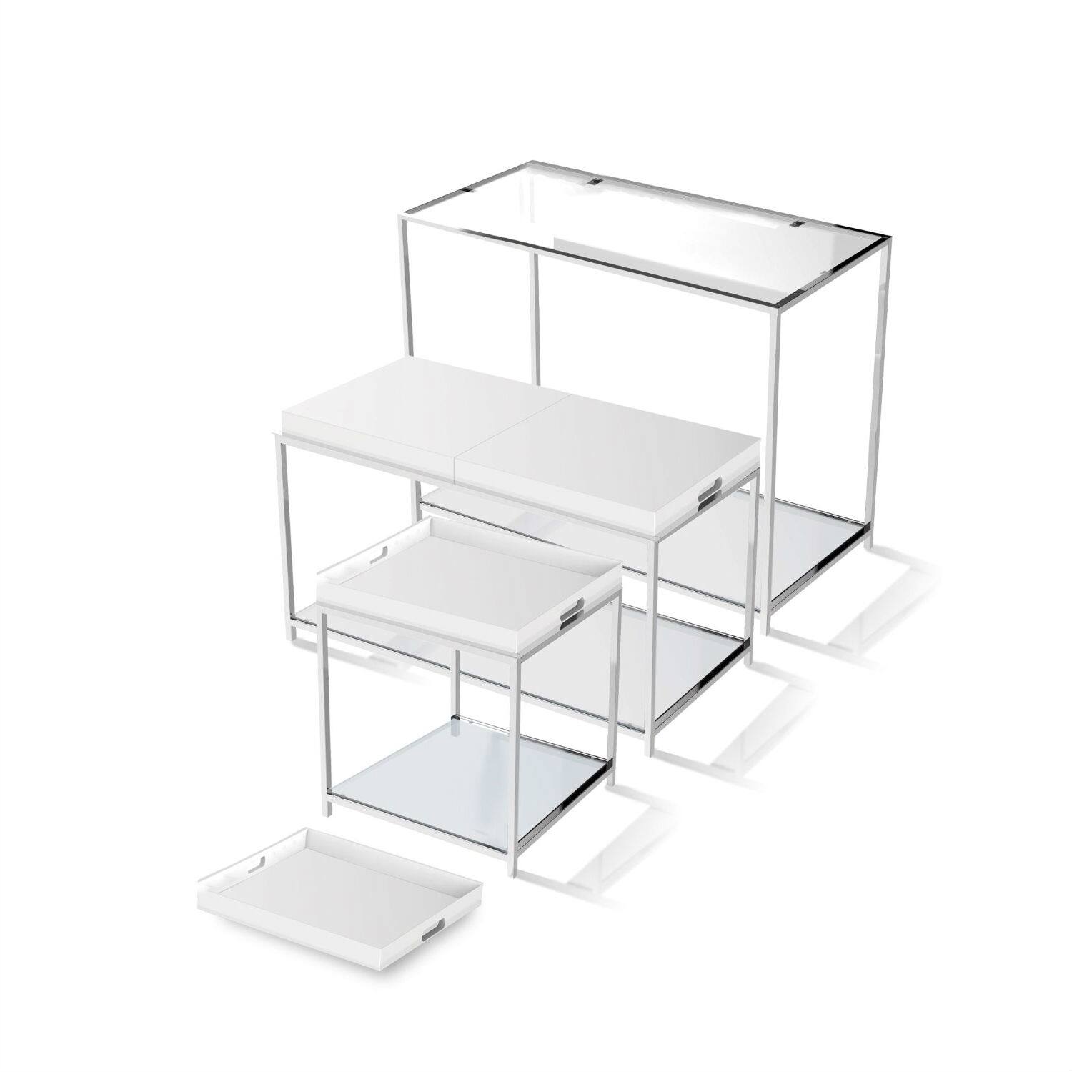 Left. Hivvago - Modern Chrome Metal Coffee Table with 2 White Removable Trays - White.