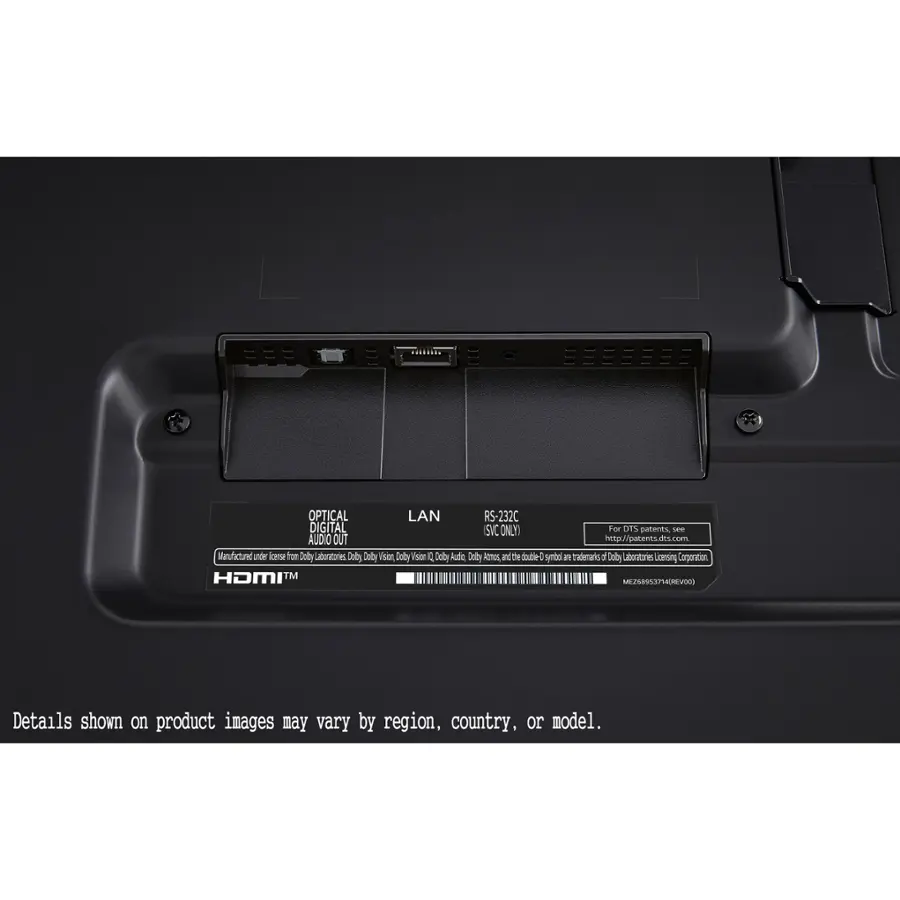 The text on the image reads: "OPTICAL LAN RS-232C DIGITAL SVC ONLY For DTS patents sane AUDIO OUT <http://patents.dts.com> Manufactured under license from Dolby Laboratories Licensing Corporation HDMI TM MEZ6E953754(REVO6) Details shown on product images may vary by region, country, or model."