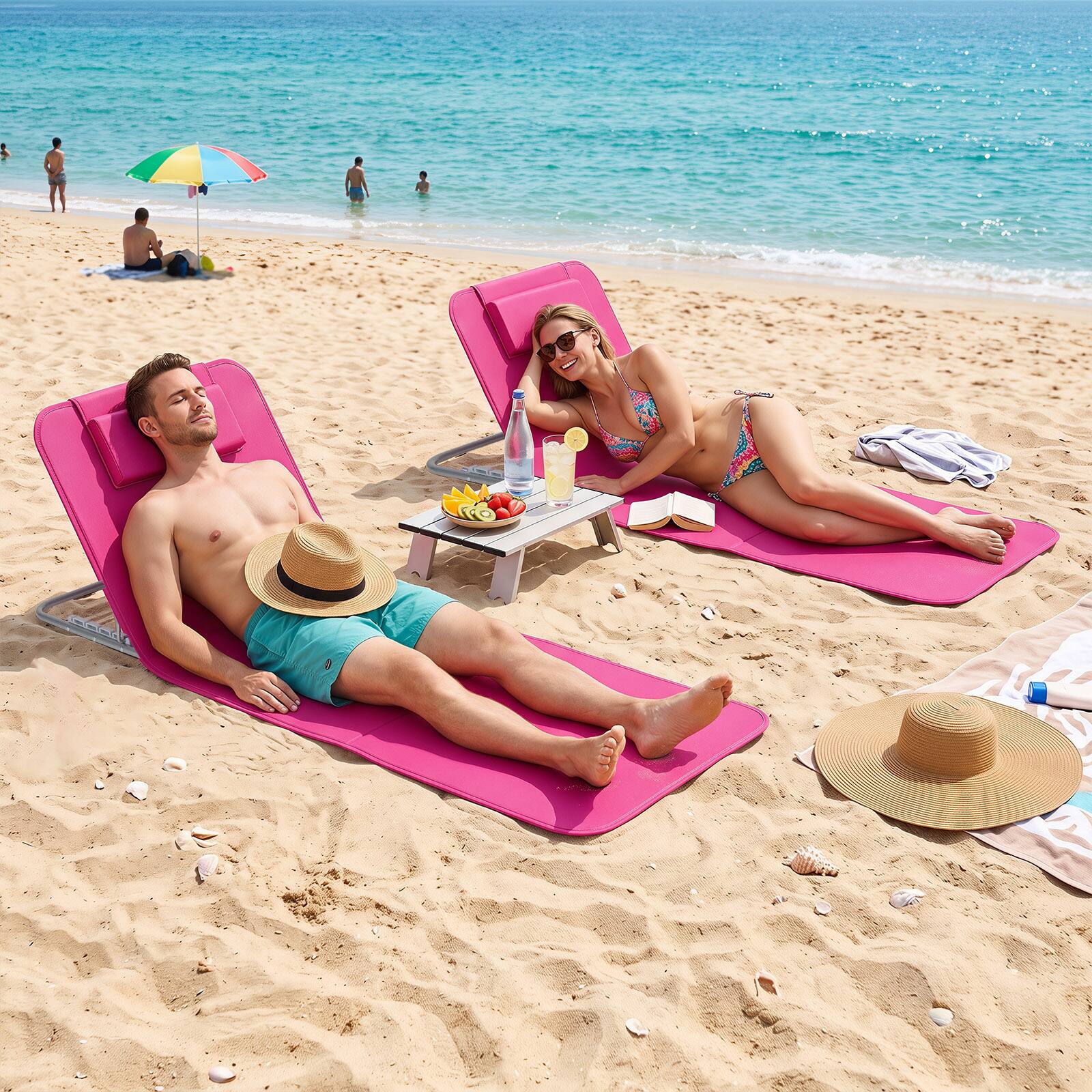 Alt View 1. Costway - Costway Folding Beach Mat Set of 3 with 2 Lounge Chairs & Side Table for Outdoor Relaxing - Pink.