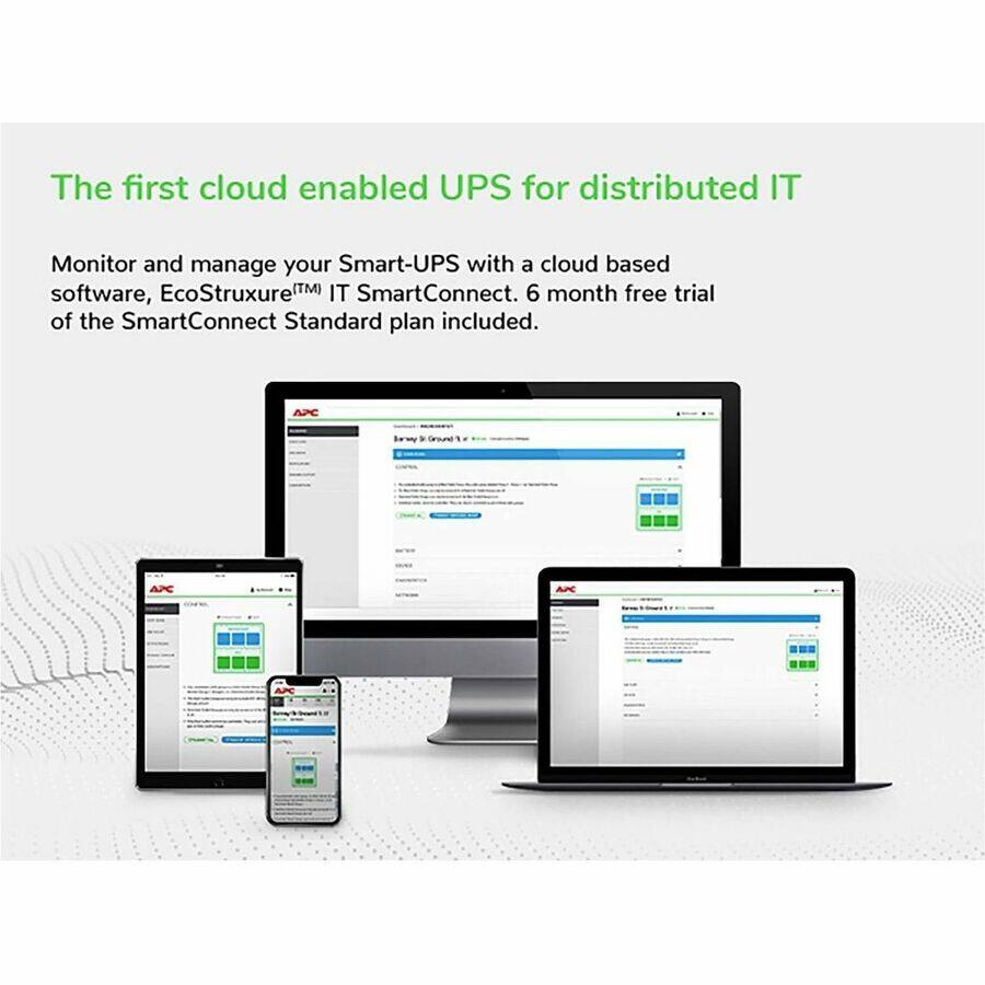The first cloud enabled UPS for distributed IT

Monitor and manage your Smart-UPS with a cloud based software, EcoStruxure™ IT SmartConnect. 6 month free trial of the SmartConnect Standard plan included. APC